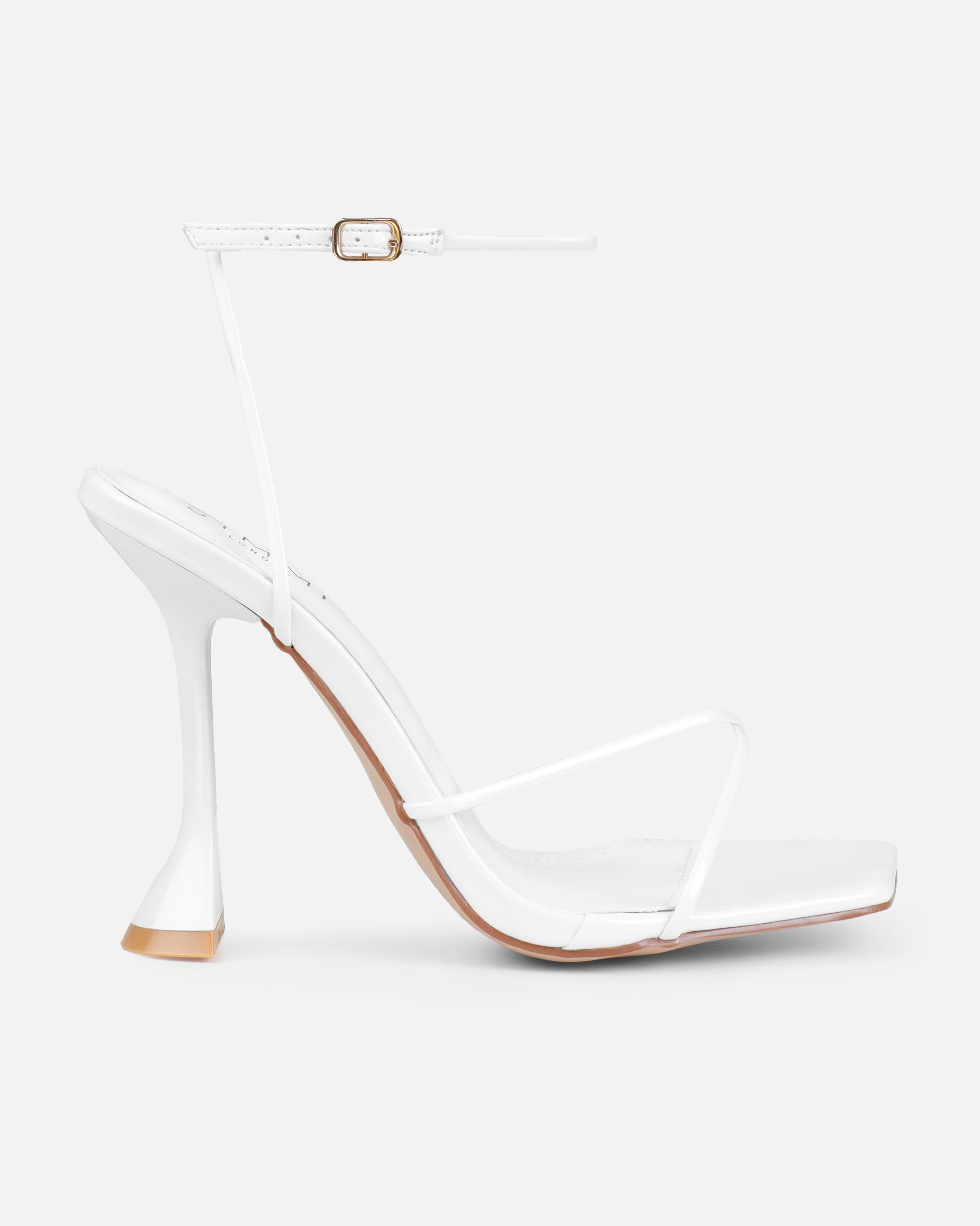 Tasha Ghouri Darii White Patent Flared Stiletto Heels | SIMMI London