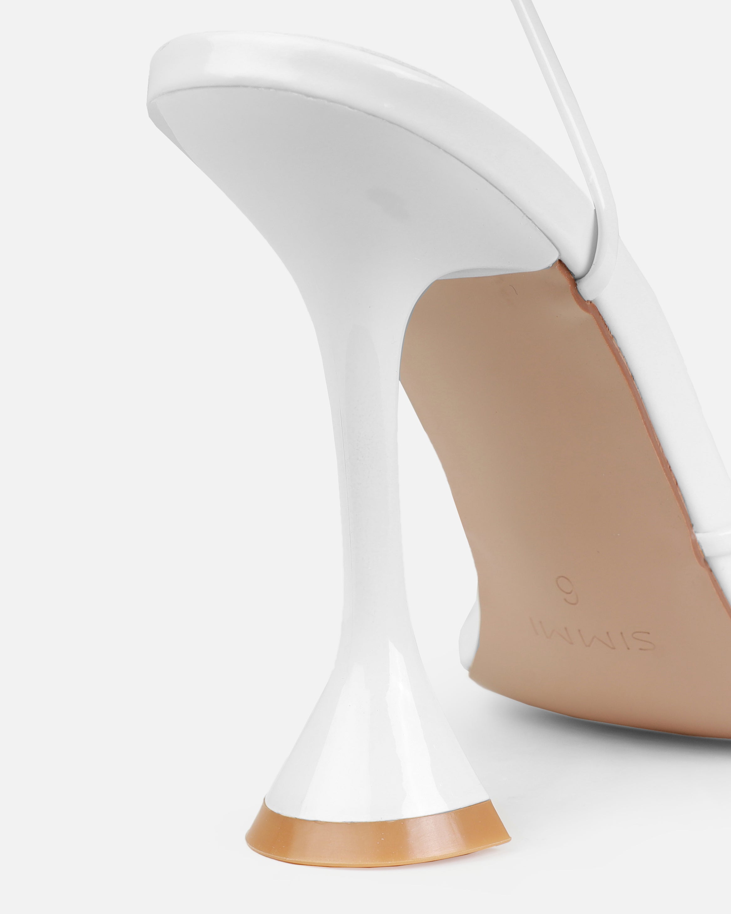 Tasha Ghouri Darii White Patent Flared Stiletto Heels | SIMMI London
