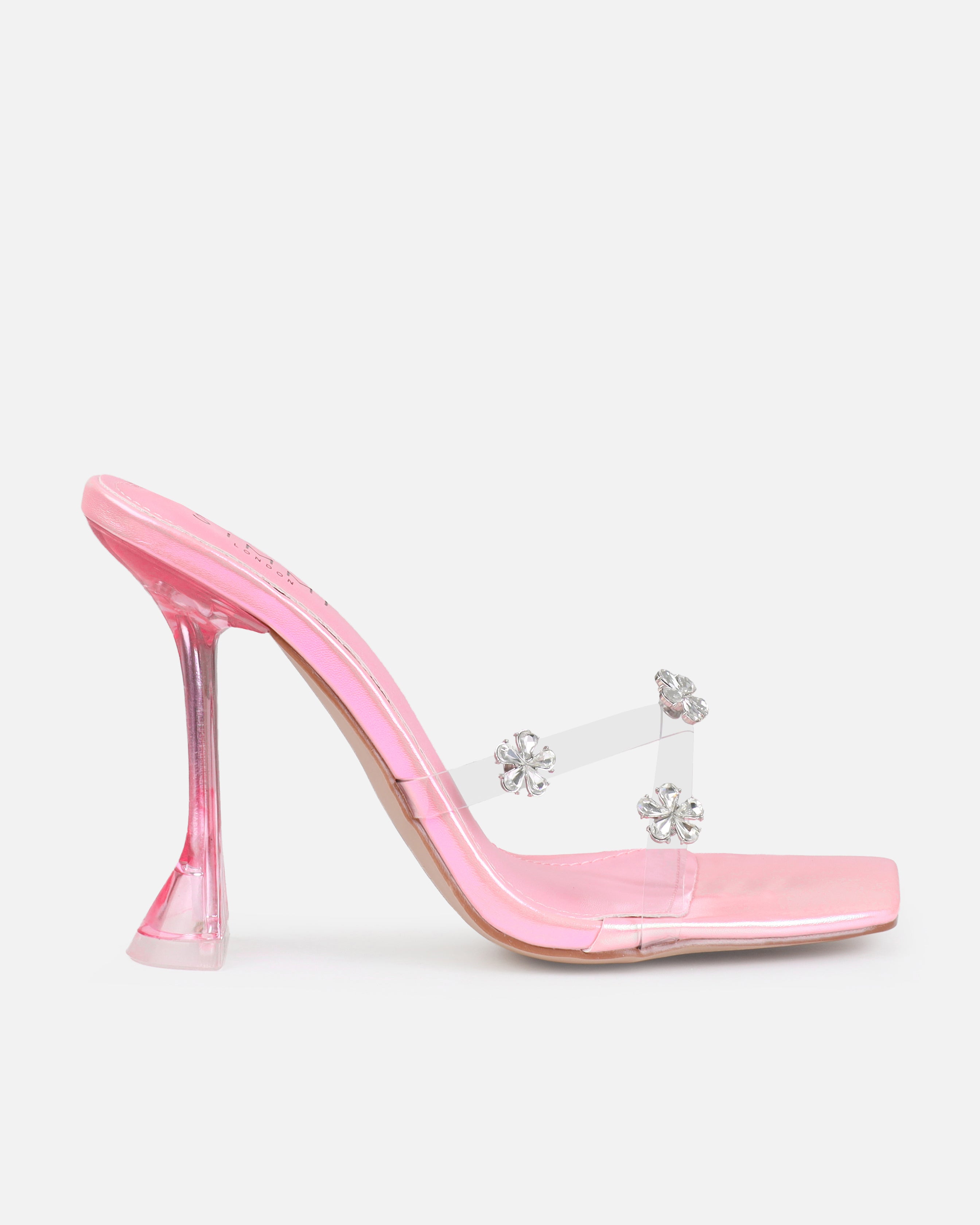 Tasha Ghouri Vietta Pink Clear Flower Gems Flared Mules | SIMMI London