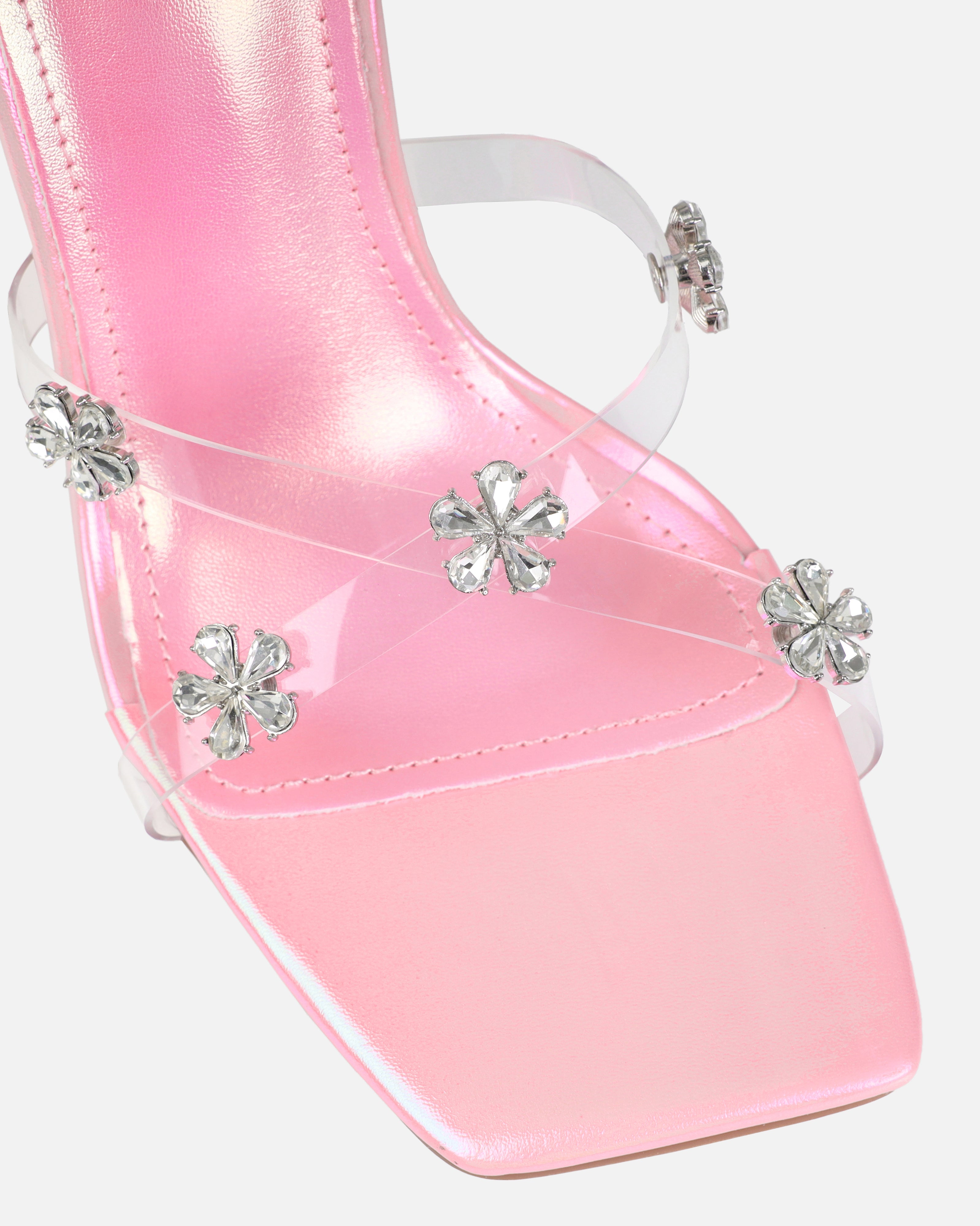 Tasha Ghouri Vietta Pink Clear Flower Gems Flared Mules | SIMMI London