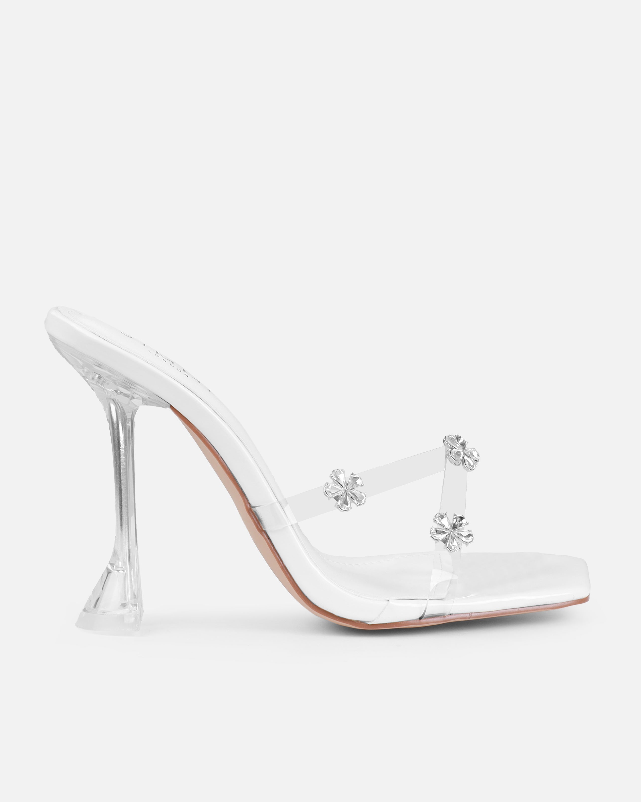 Tasha Ghouri Vietta White Clear Flower Gems Flared Mules | SIMMI London