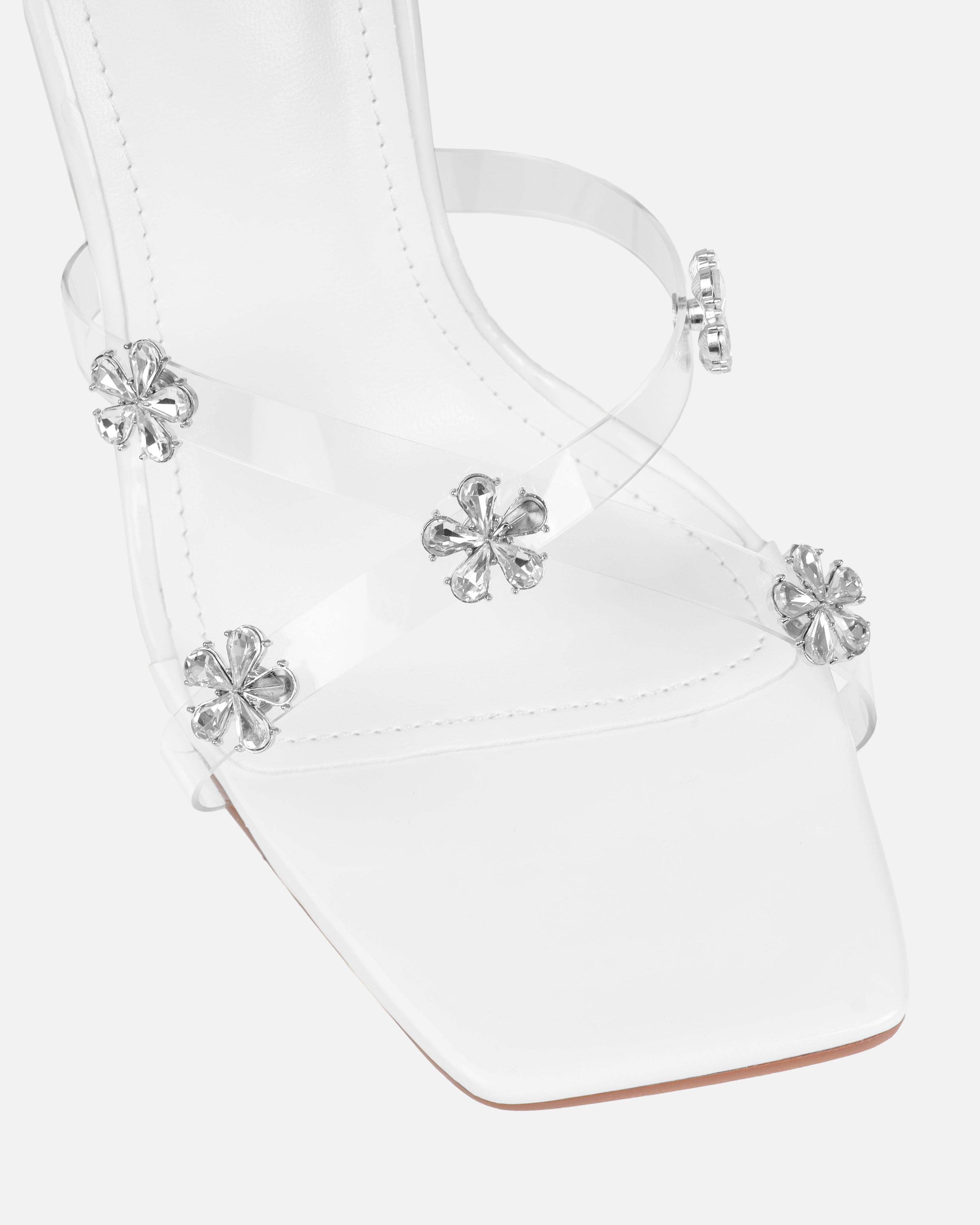 Tasha Ghouri Vietta White Clear Flower Gems Flared Mules | SIMMI London