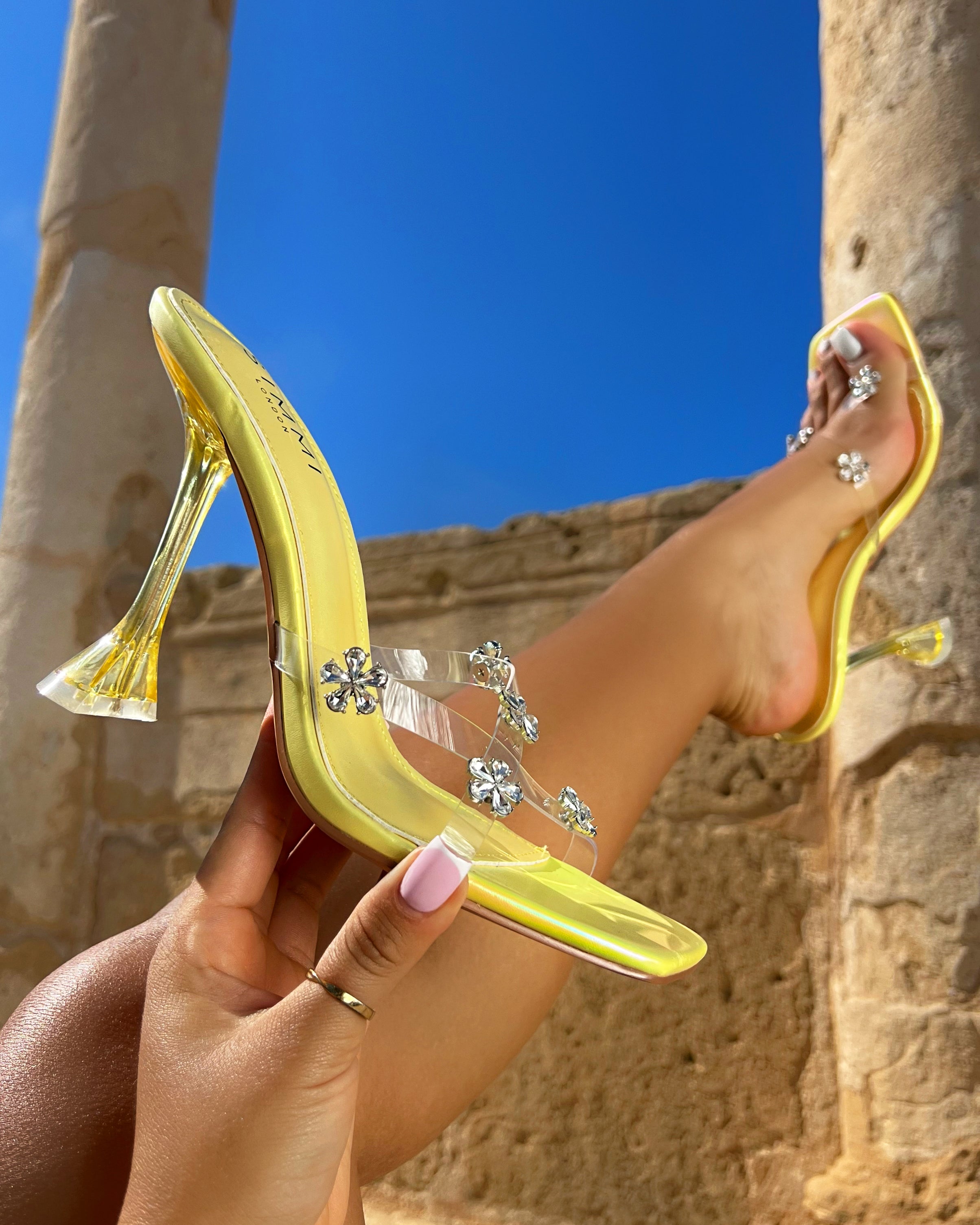 Tasha Ghouri Vietta Yellow Clear Flower Gems Flared Mules | SIMMI London