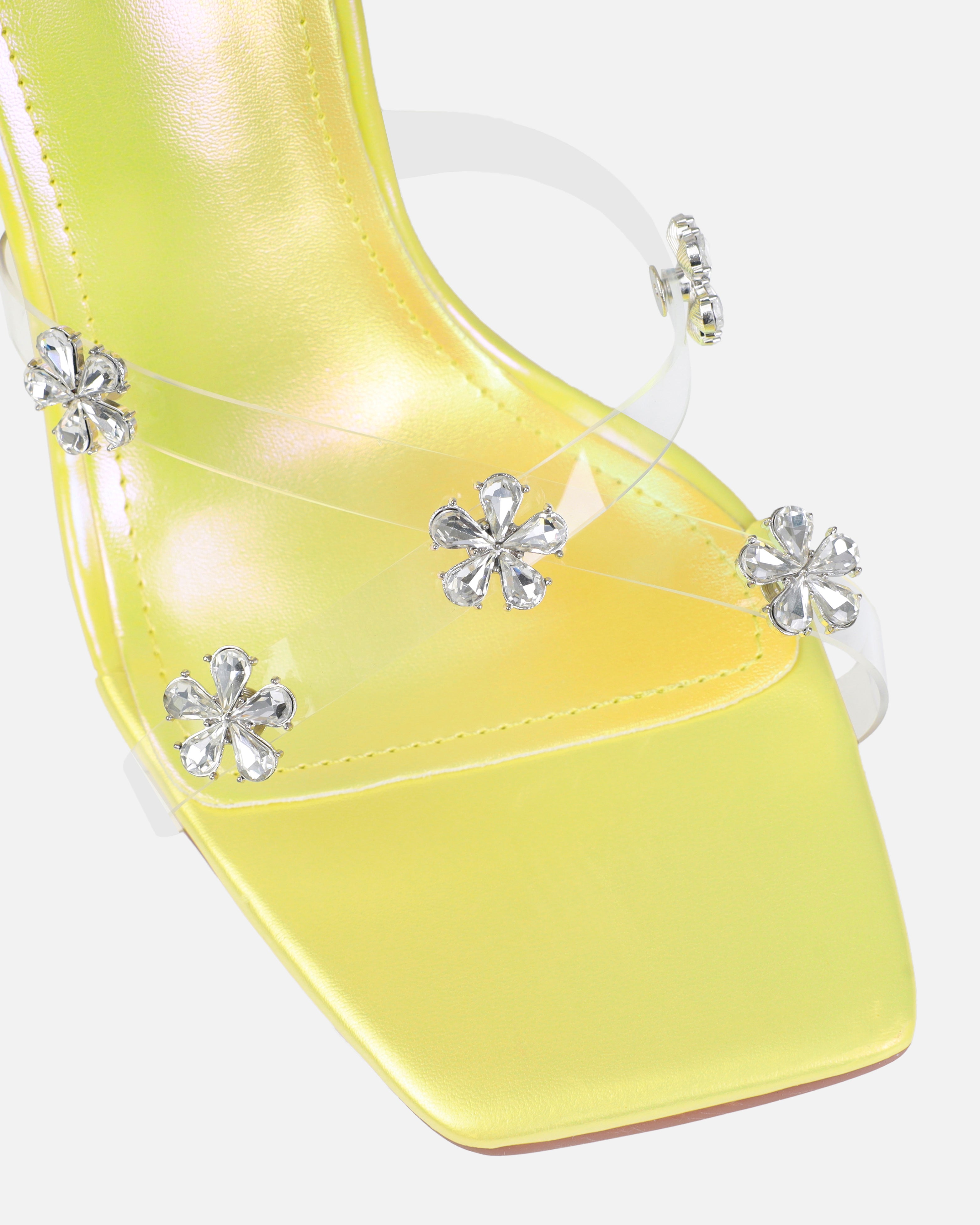 Tasha Ghouri Vietta Yellow Clear Flower Gems Flared Mules | SIMMI London