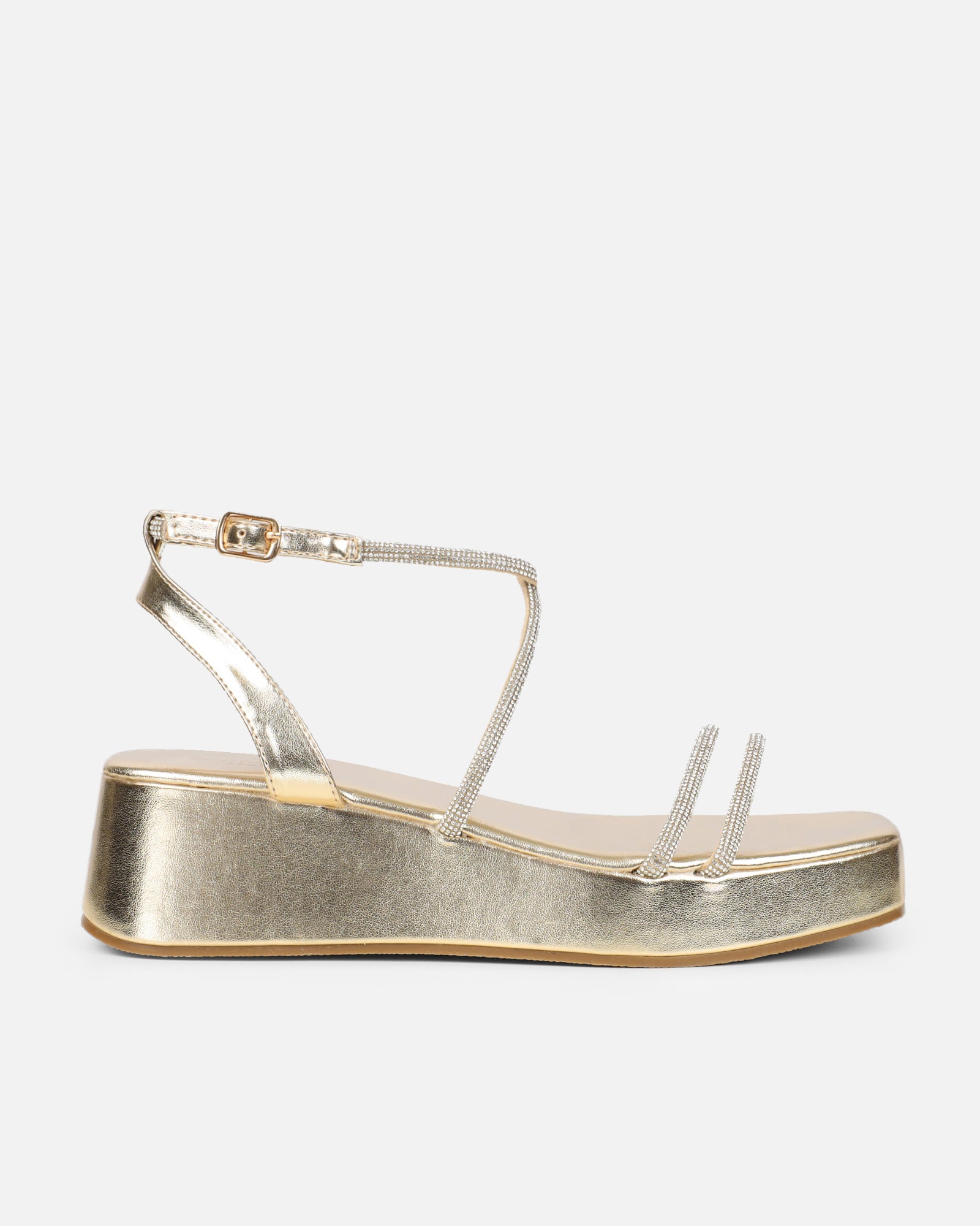 Vivii Gold Metallic Diamante Flatform Sandals | SIMMI London