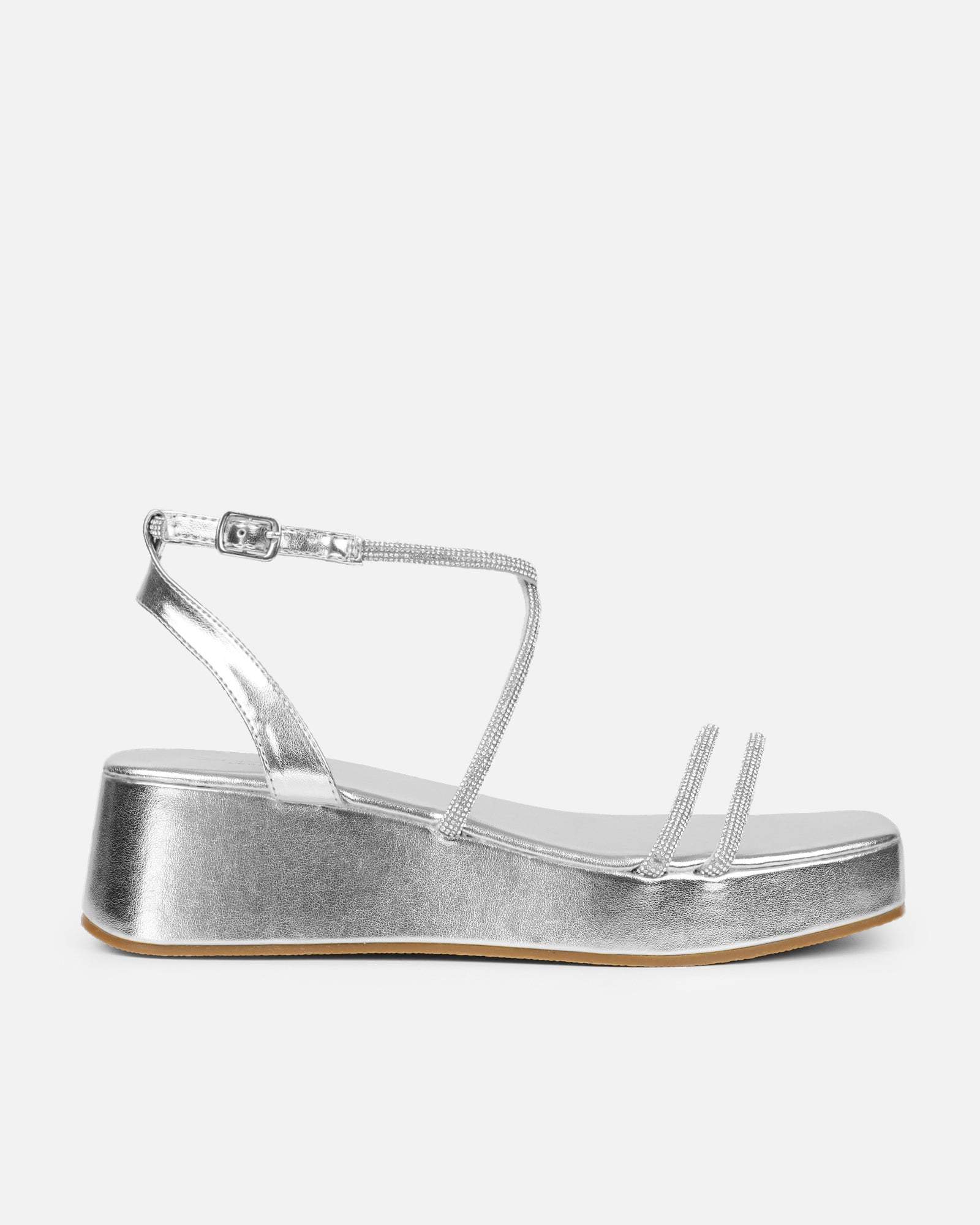 Vivii Silver Metallic Diamante Flatform Sandals | SIMMI London
