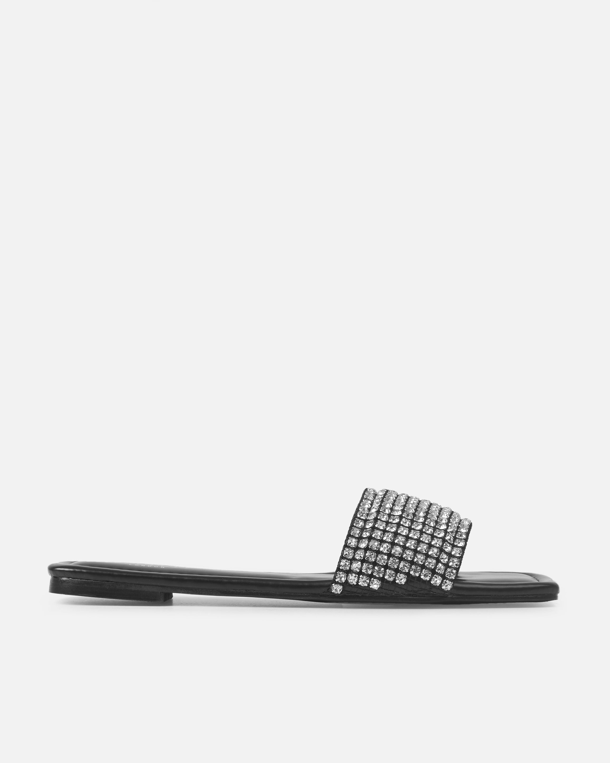 Azura Wide Fit Black Diamante Sliders | SIMMI London