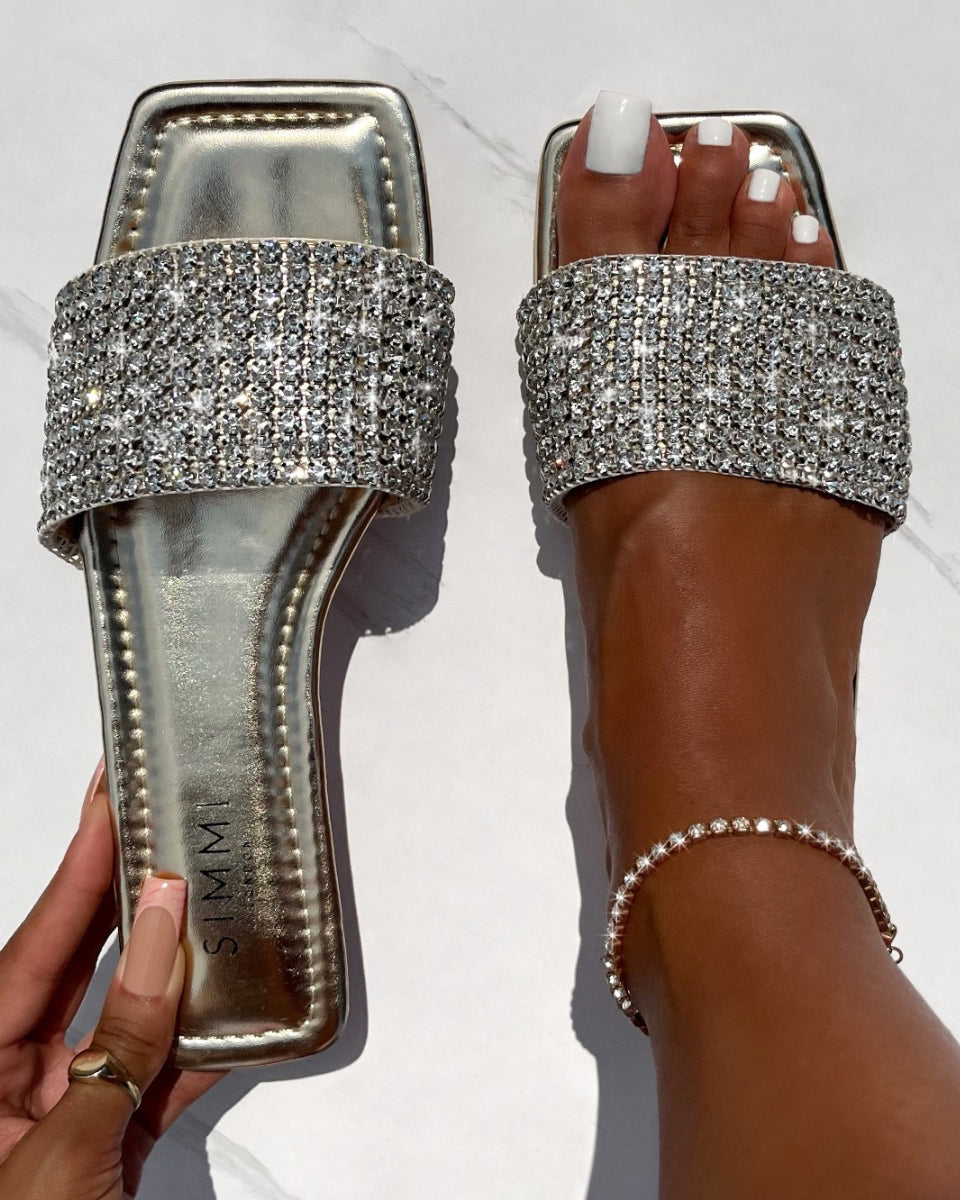 Azura Wide Fit Gold Diamante Sliders | SIMMI London