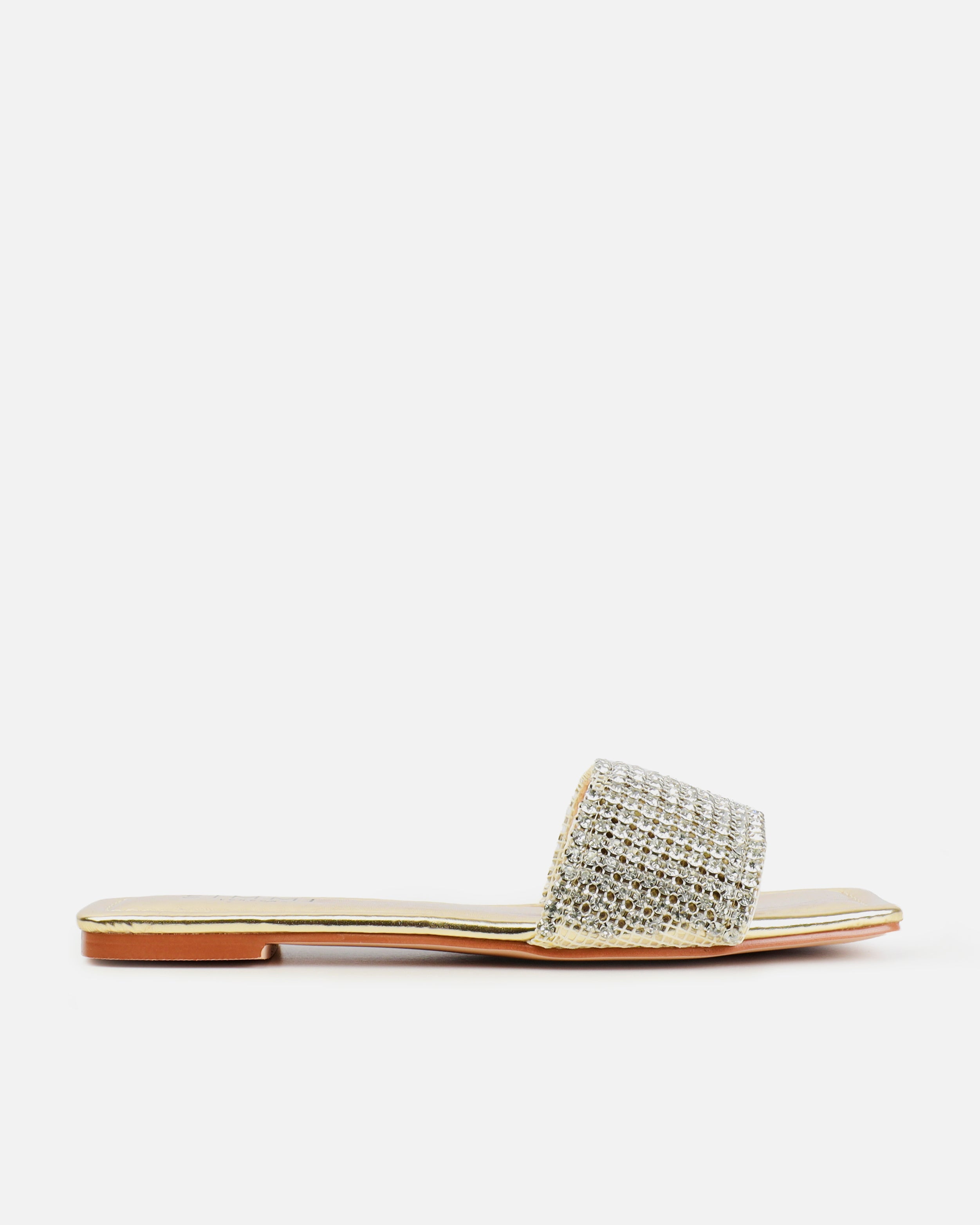 Azura Wide Fit Gold Diamante Sliders | SIMMI London