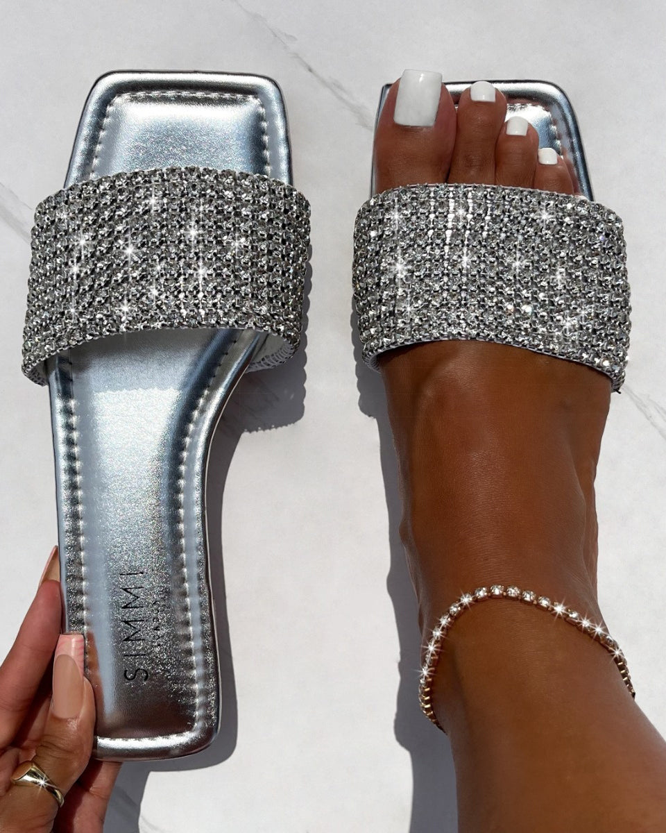 Azura Wide Fit Silver Diamante Sliders | SIMMI London
