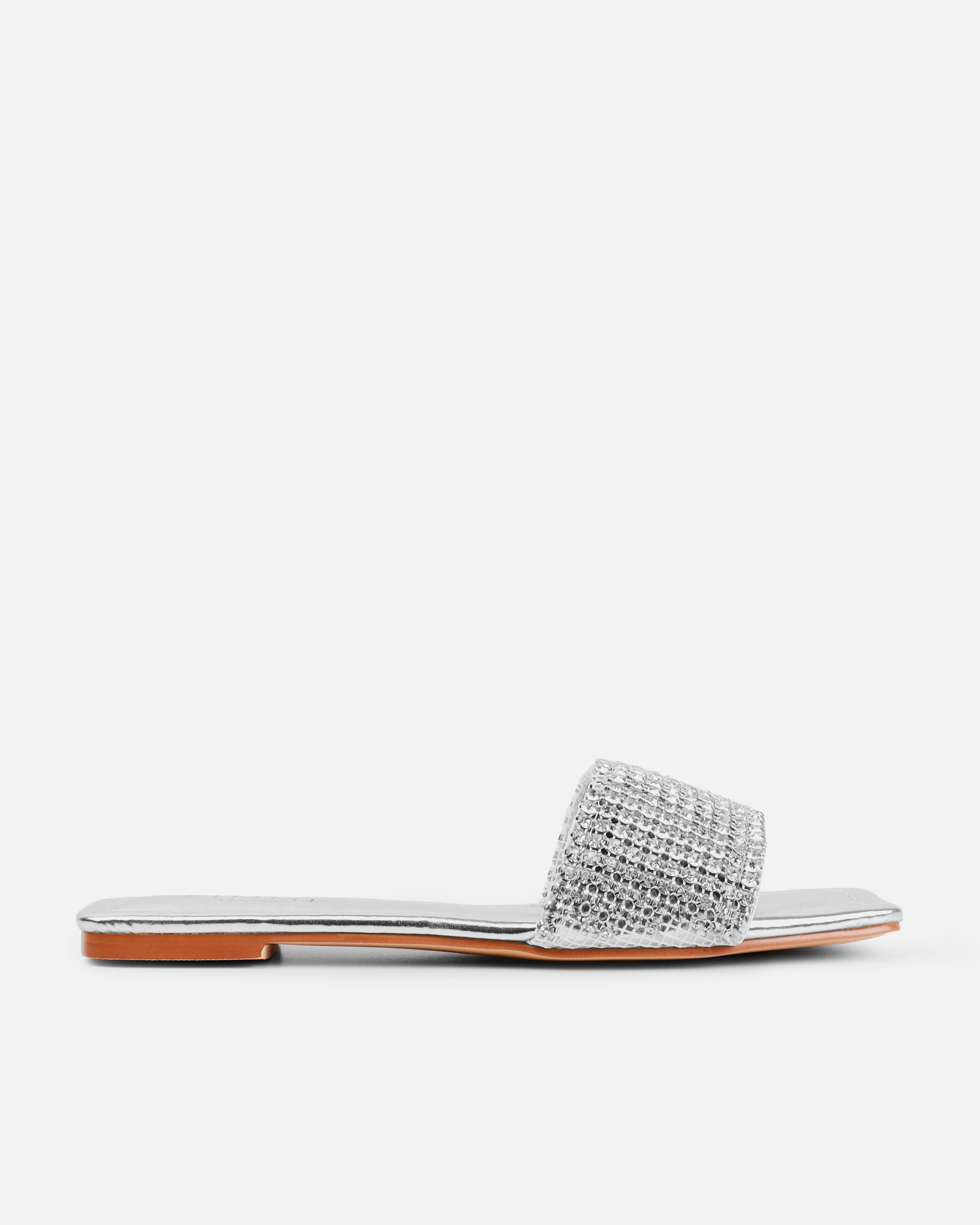 Azura Wide Fit Silver Diamante Sliders | SIMMI London