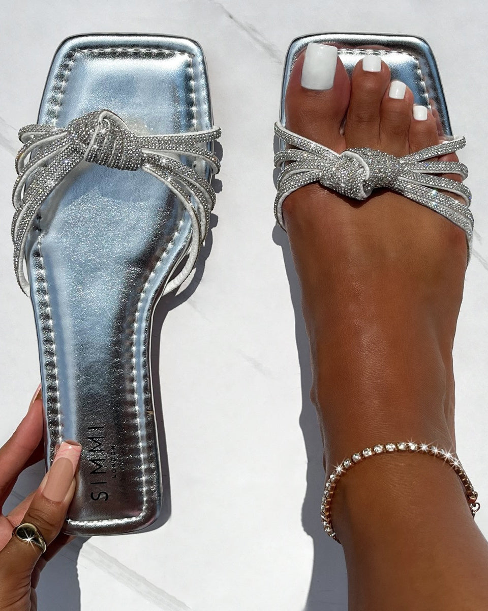 Marquelle Wide Fit Silver Diamante Knot Flat Sandals | SIMMI London