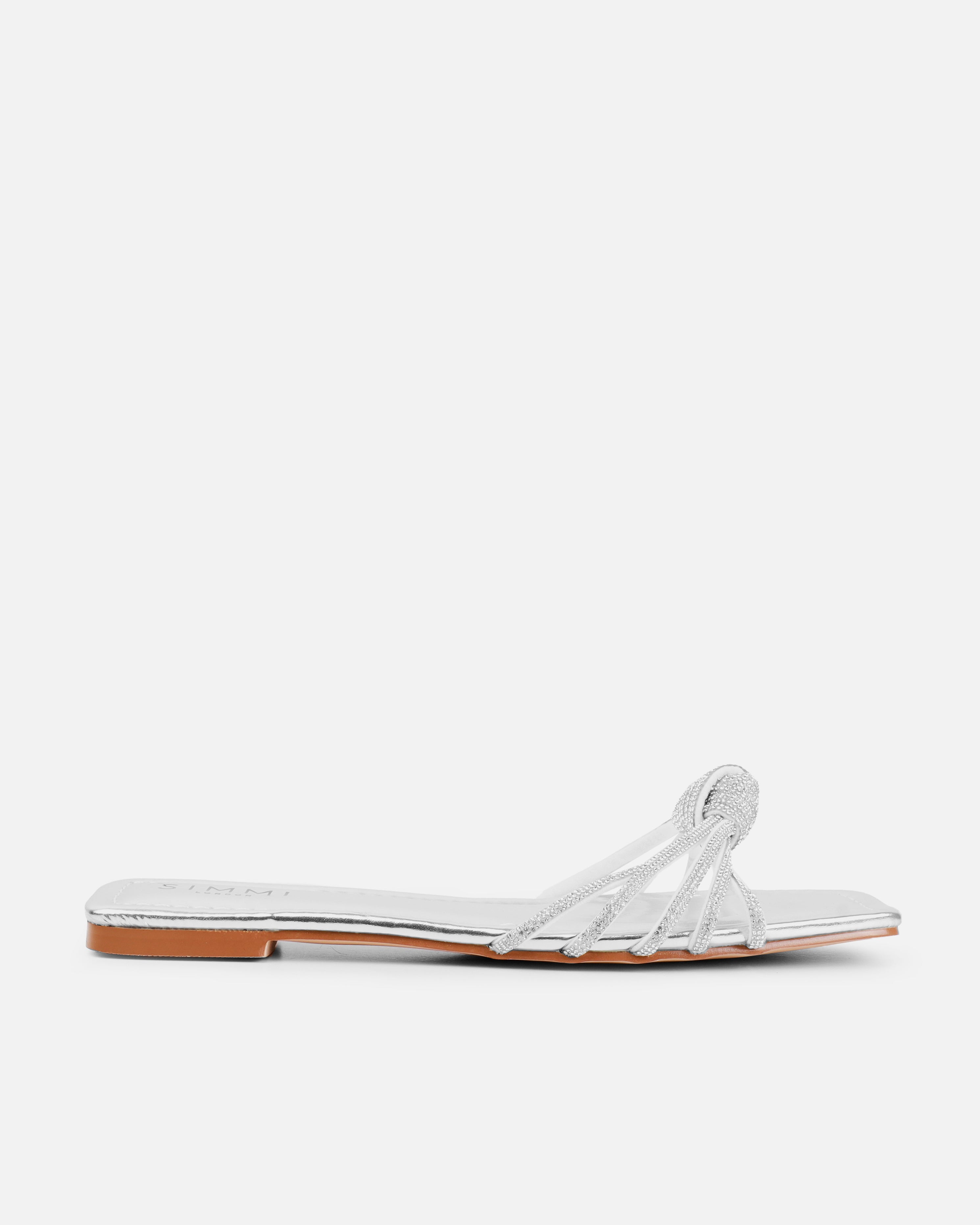 Marquelle Wide Fit Silver Diamante Knot Flat Sandals | SIMMI London