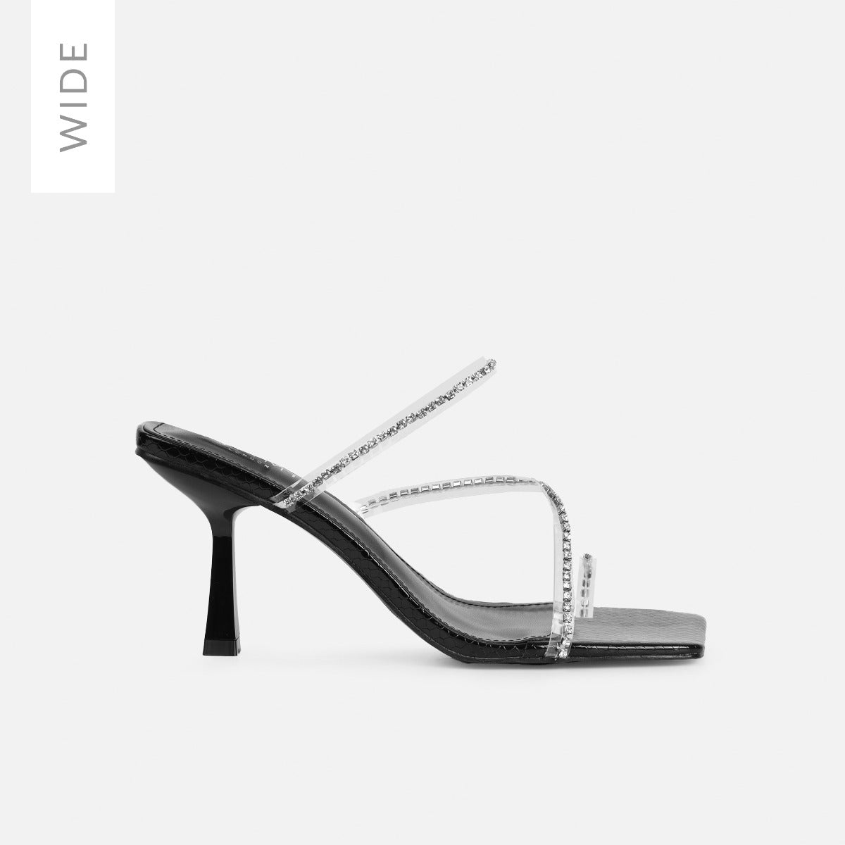Ninah Wide Fit Black Faux Snake Print Clear Diamante Mid Heels | SIMMI London