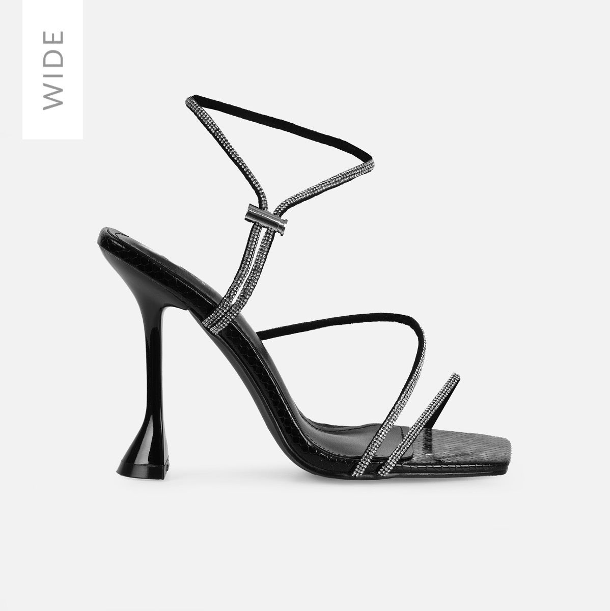 Asmara Wide Fit Black Faux Snake Print Diamante Toggle Heels | SIMMI London