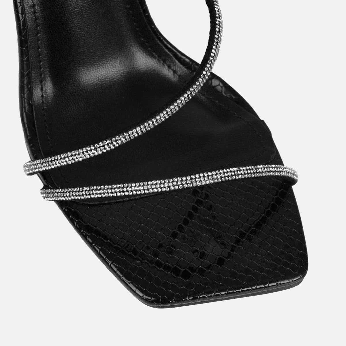 Asmara Wide Fit Black Faux Snake Print Diamante Toggle Heels | SIMMI London