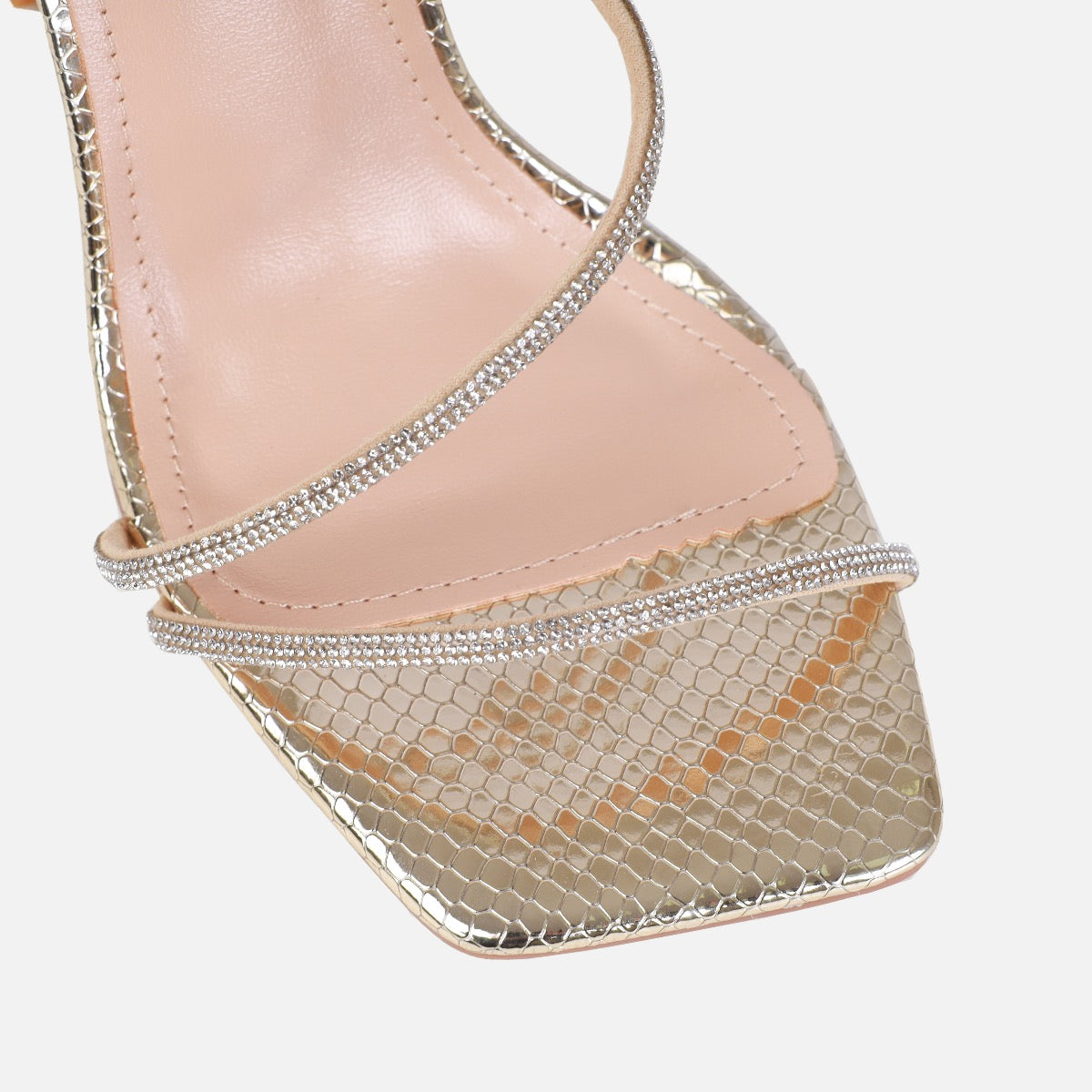 Asmara Wide Fit Gold Faux Snake Print Diamante Toggle Heels | SIMMI London