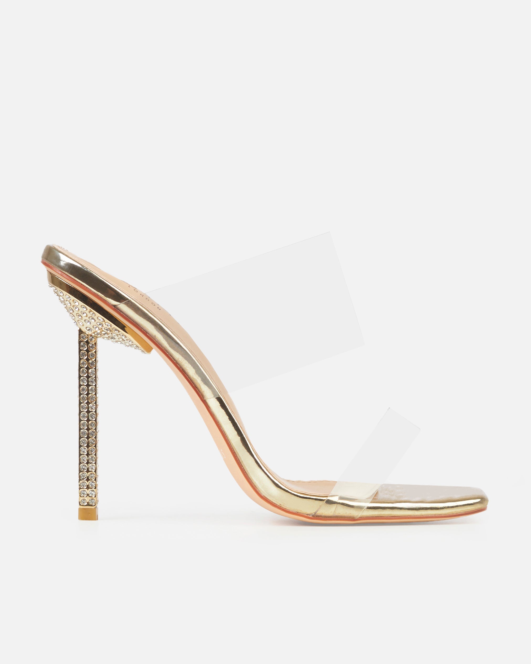 Deja Wide Gold Clear Strappy Diamante Heeled Mules | SIMMI London