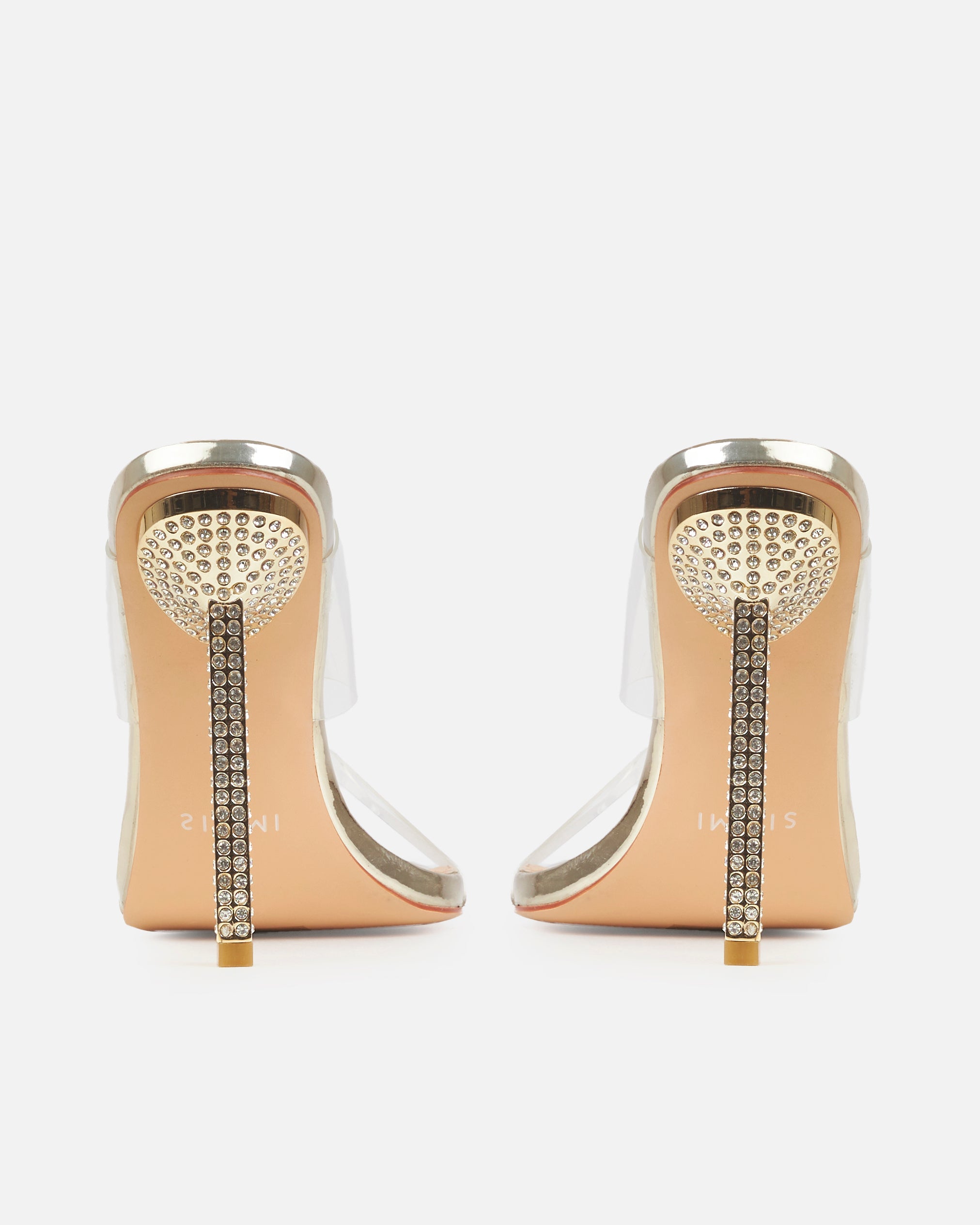 Deja Wide Gold Clear Strappy Diamante Heeled Mules | SIMMI London