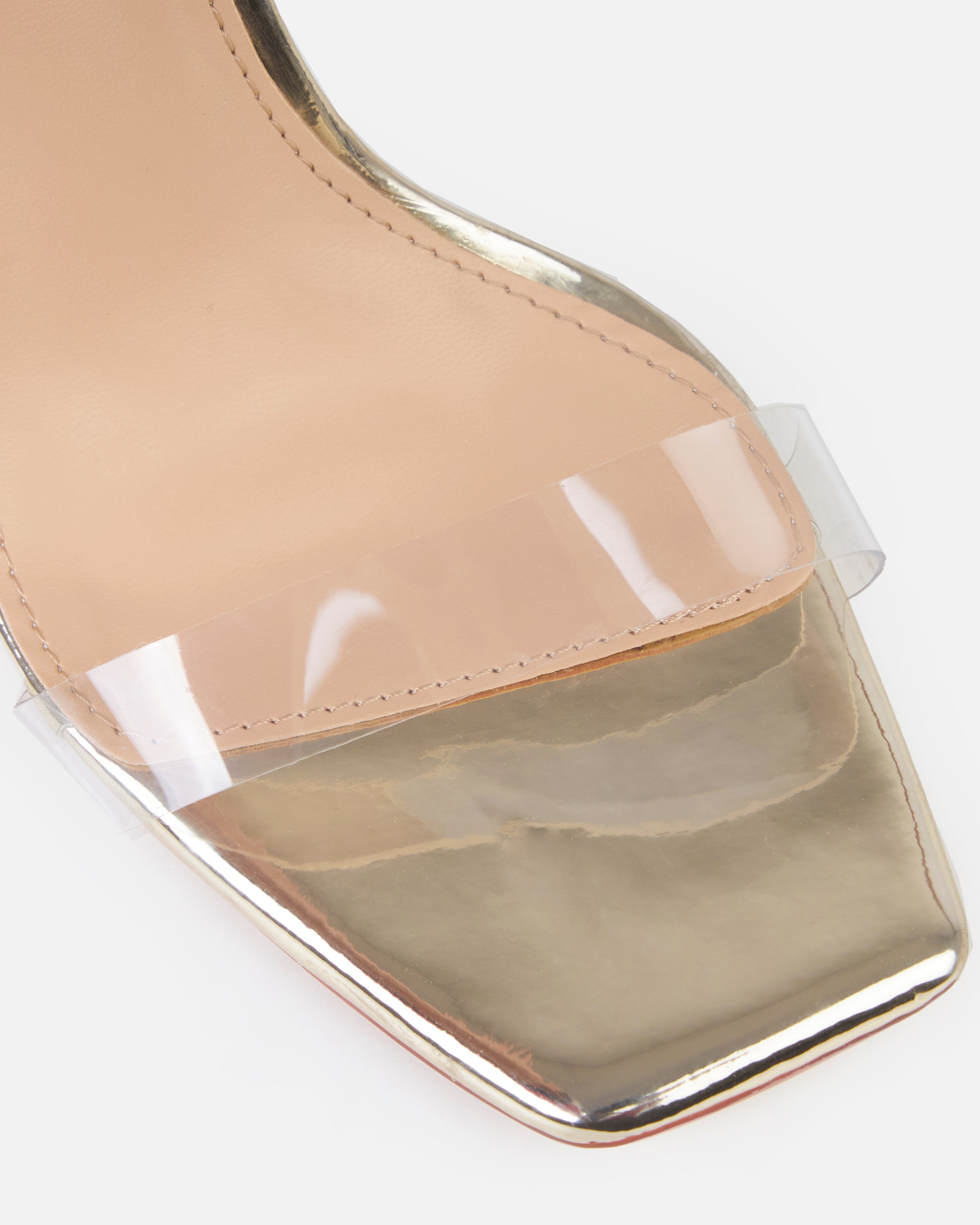 Deja Wide Gold Clear Strappy Diamante Heeled Mules | SIMMI London