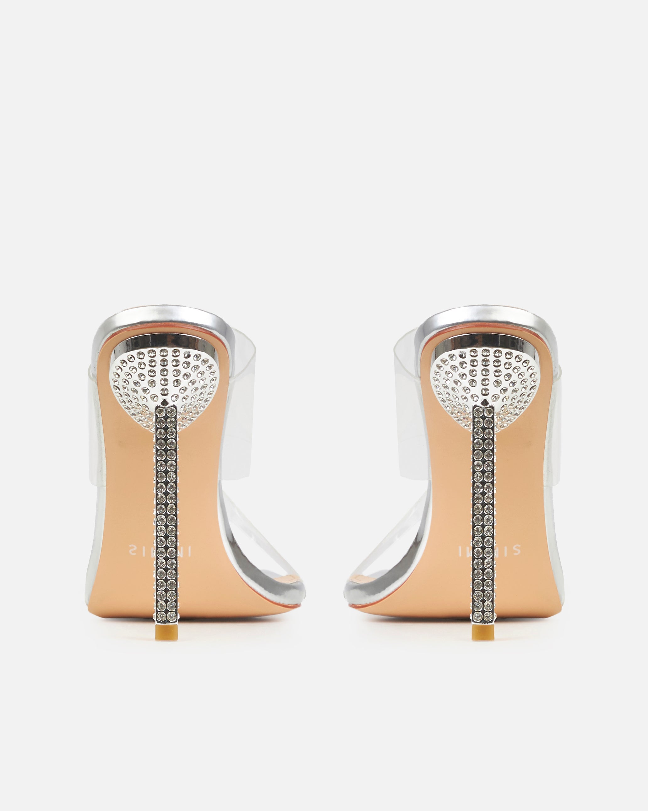 Deja Wide Silver Clear Strappy Diamante Heeled Mules | SIMMI London