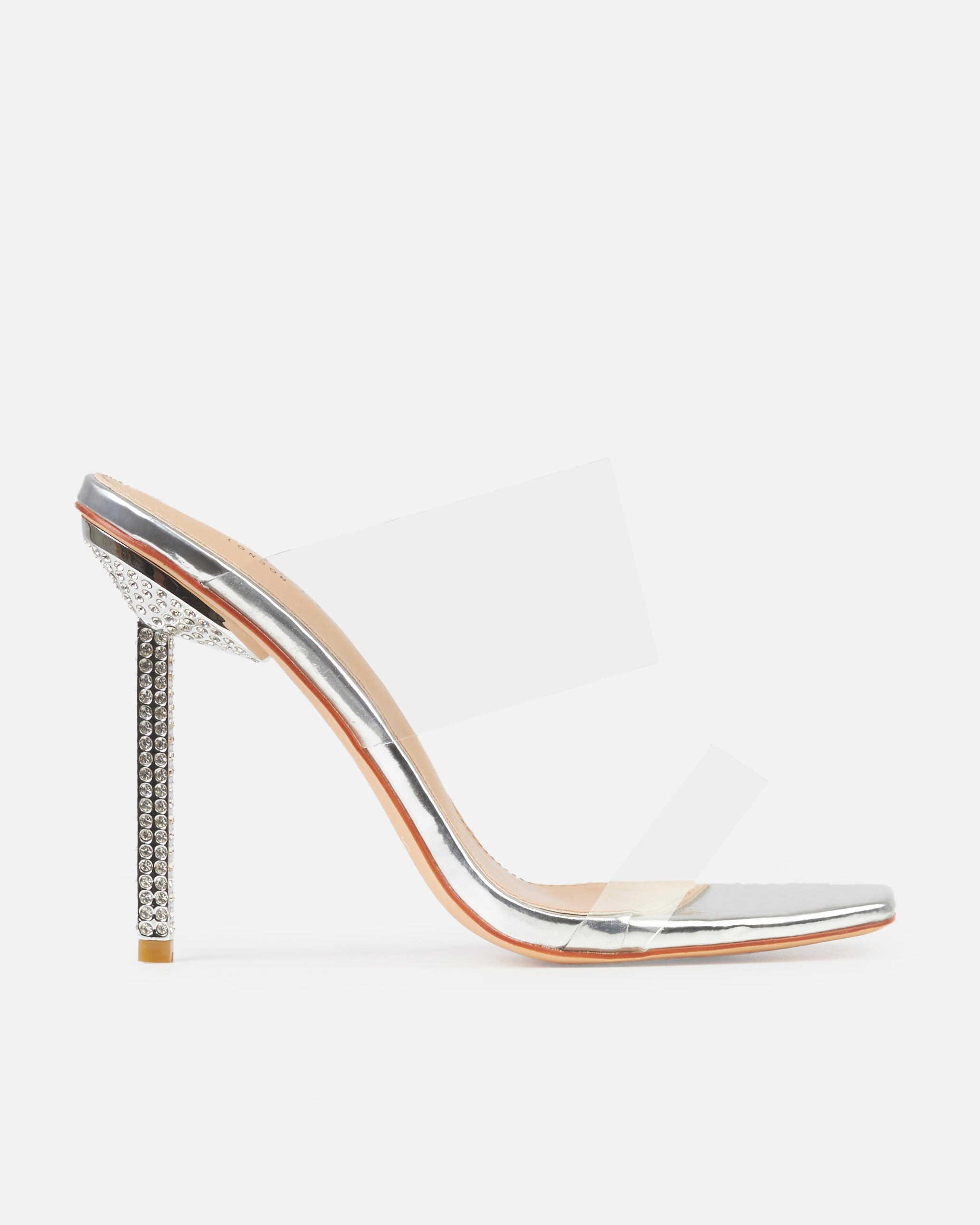 Deja Wide Silver Clear Strappy Diamante Heels | SIMMI London