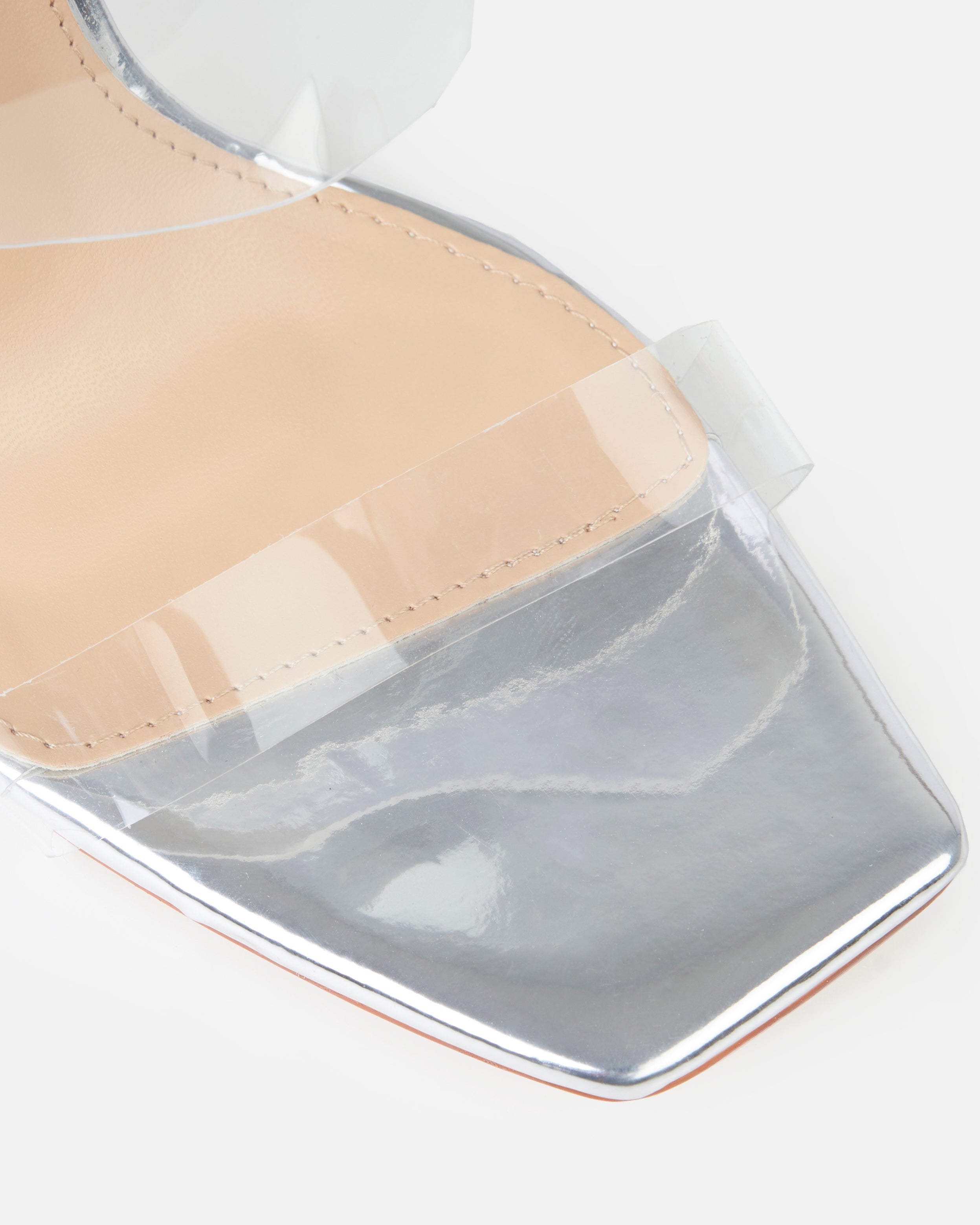 Deja Wide Silver Clear Strappy Diamante Heels | SIMMI London