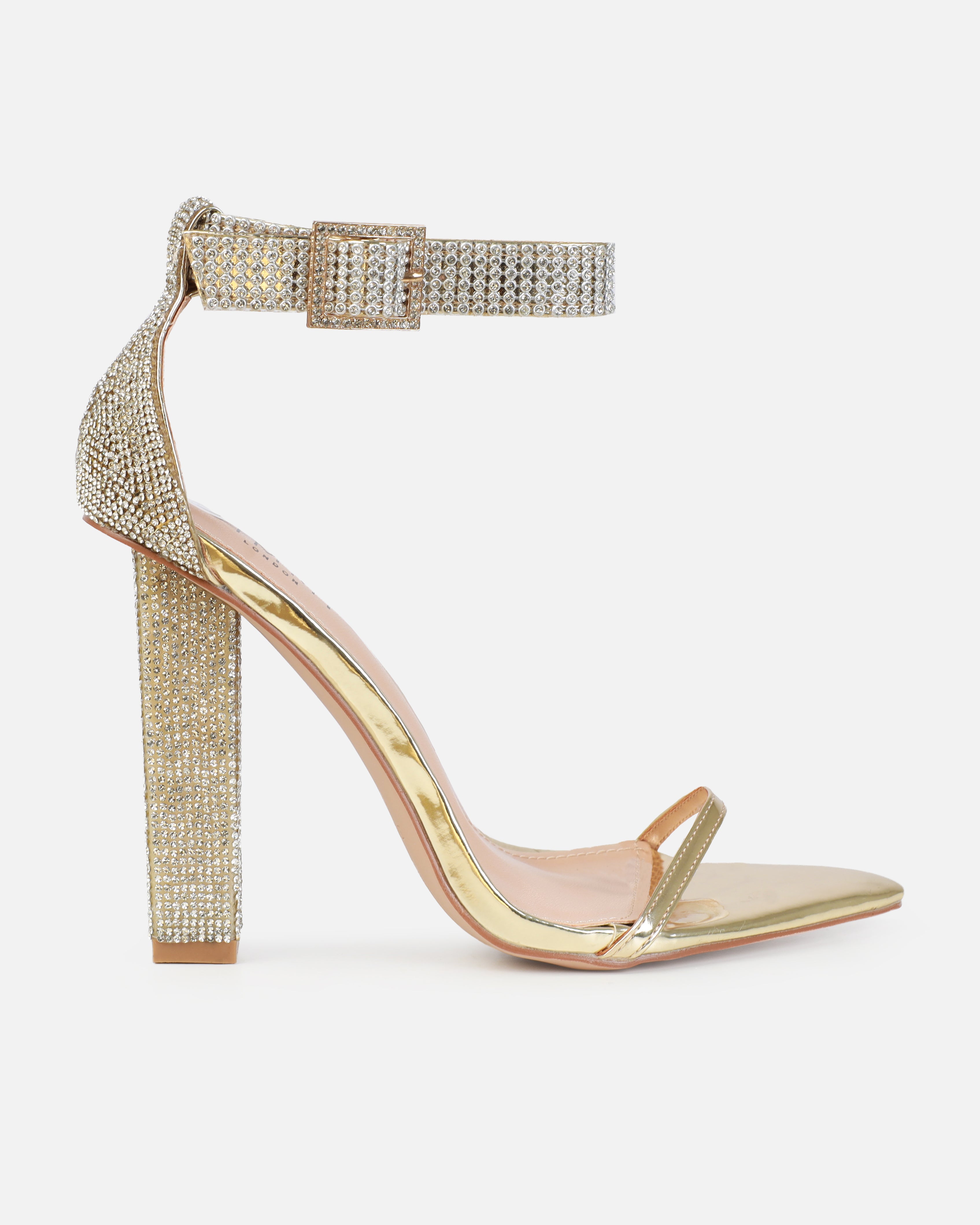 Icey Wide Fit Gold Diamante Block Heels | SIMMI London