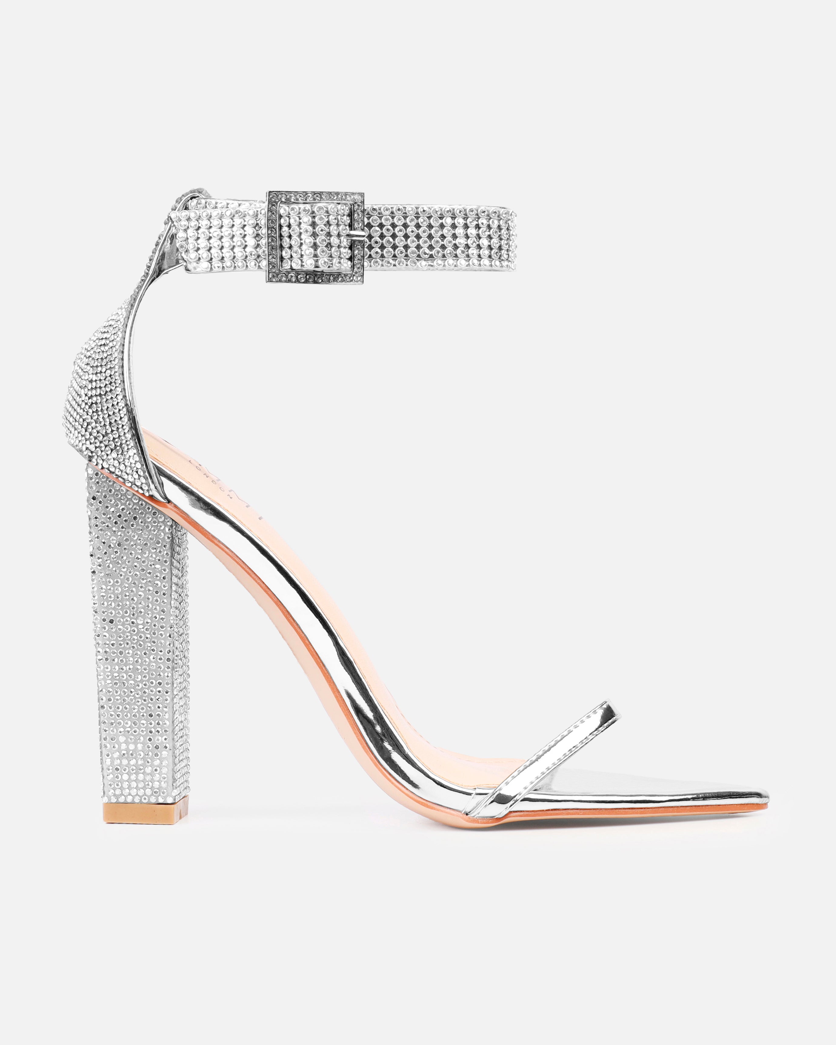 Icey Wide Fit Silver Diamante Block Heels | SIMMI London