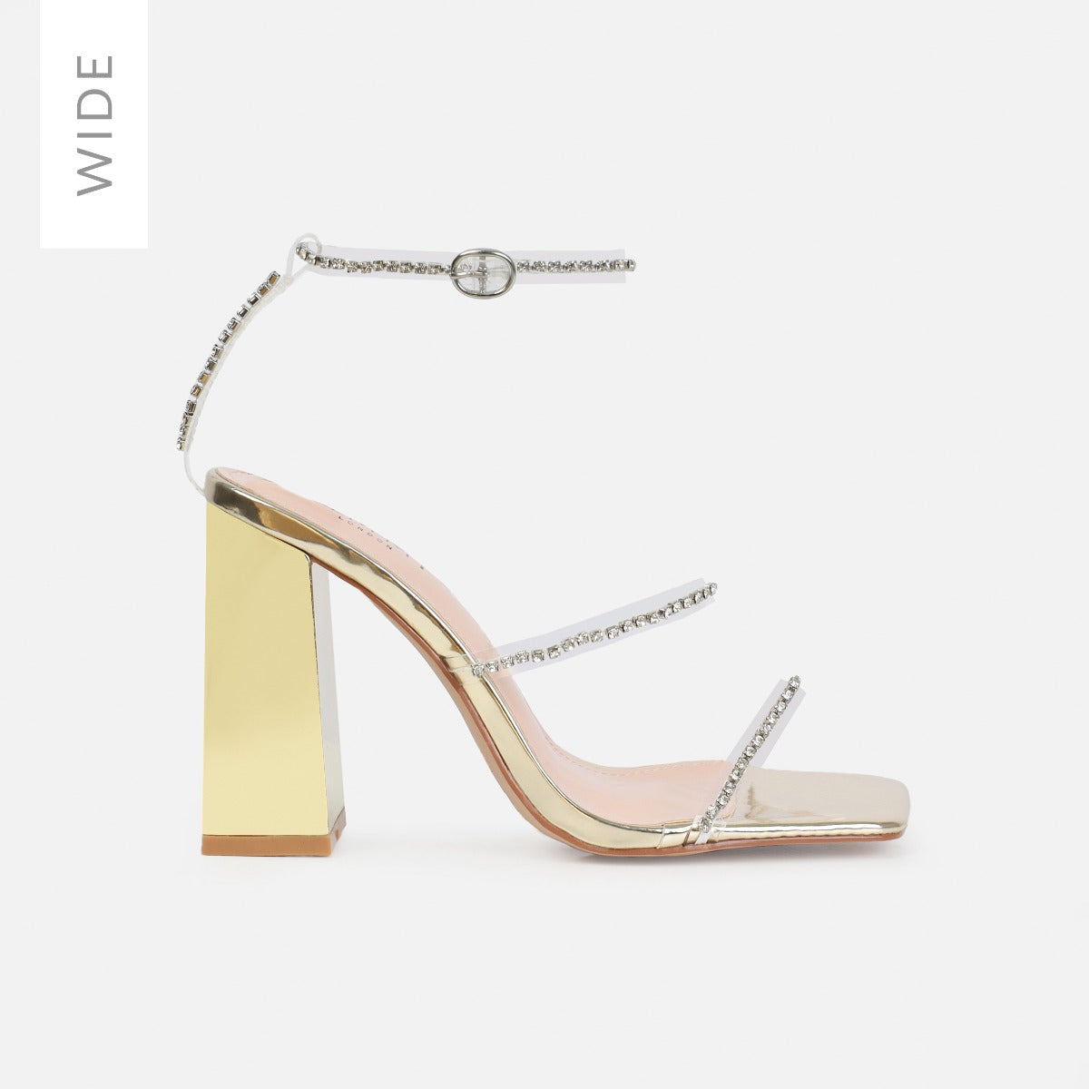 Issy Wide Fit Gold Mirror Diamante Block Heels | SIMMI London