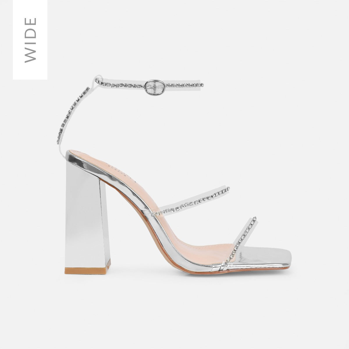 Issy Wide Fit Silver Mirror Diamante Block Heels | SIMMI London