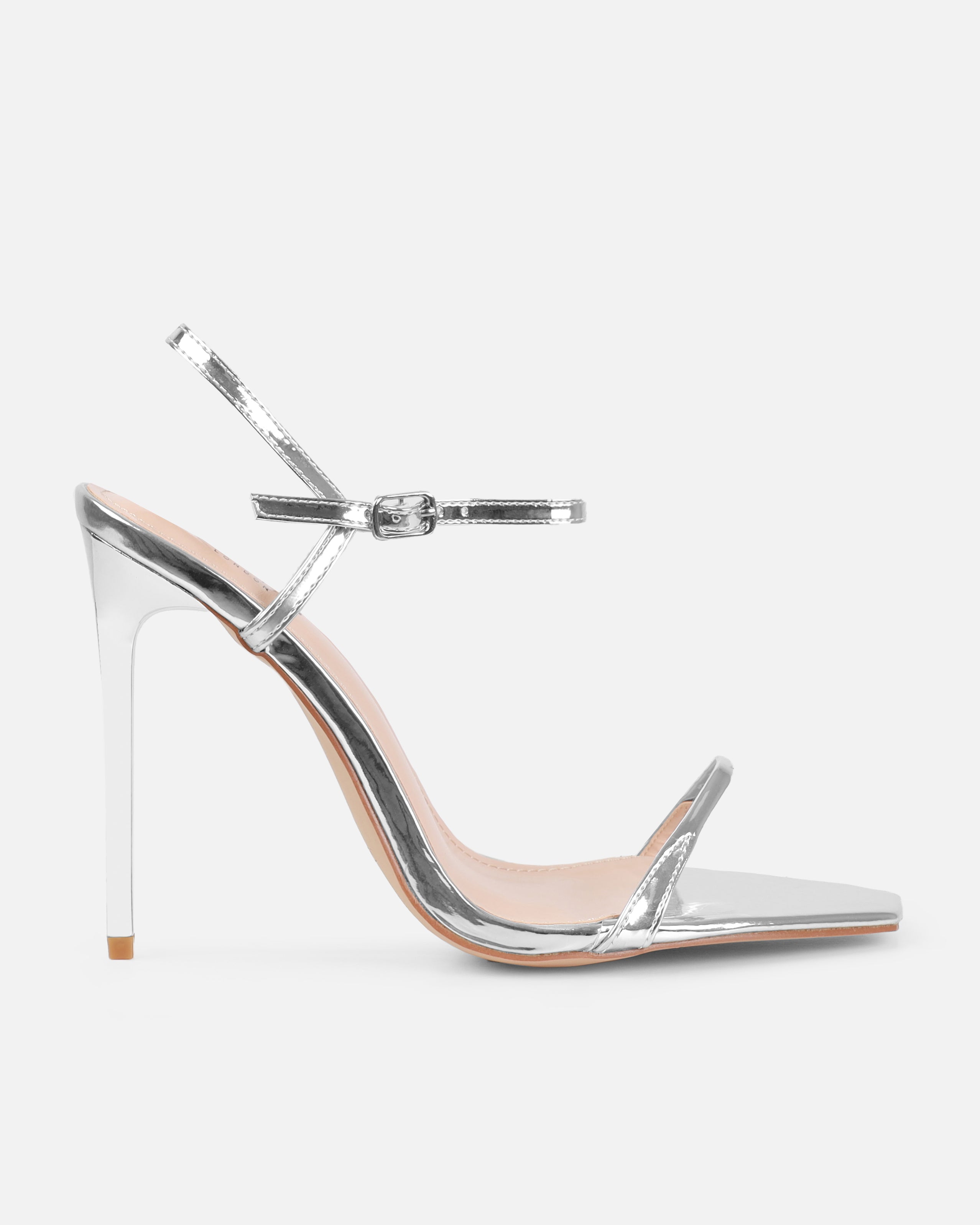 Nolan Wide Fit Silver Strappy Square Toe Stiletto Heels | SIMMI London