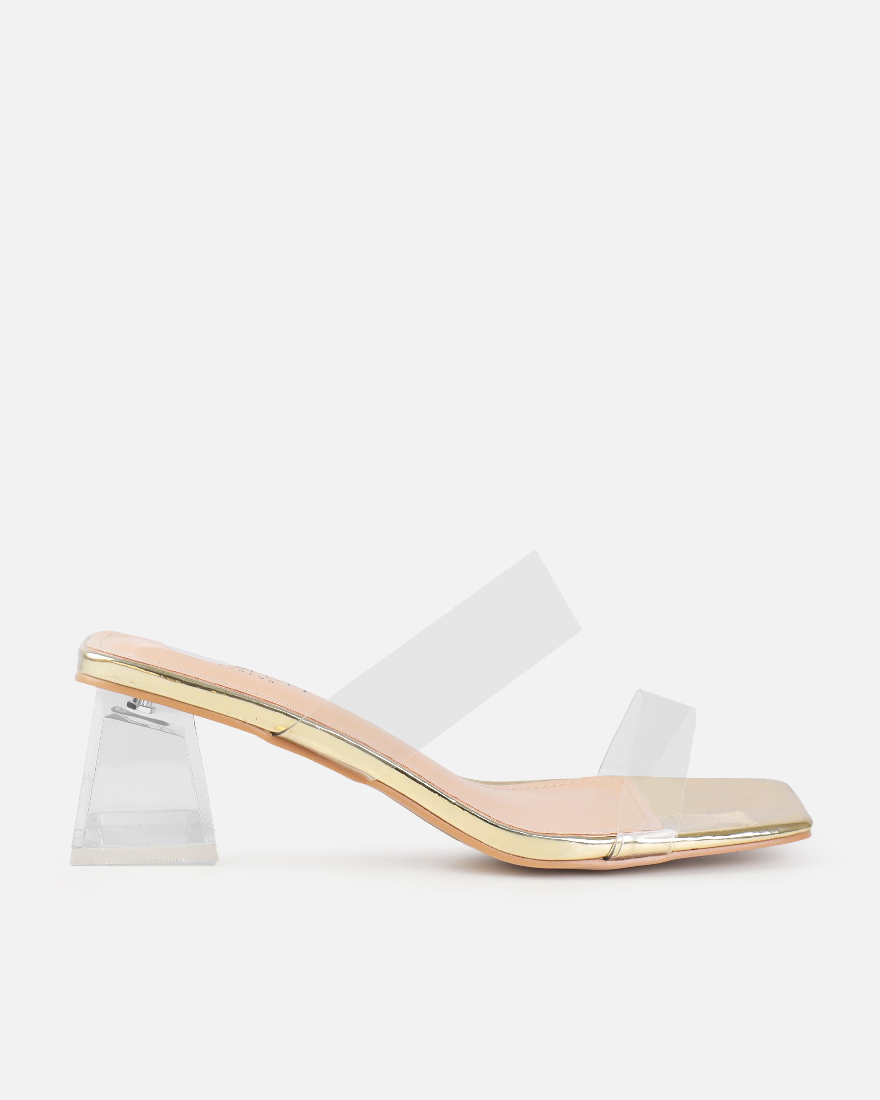 Priscilla Wide Fit Gold Clear Low Block Heels | SIMMI London
