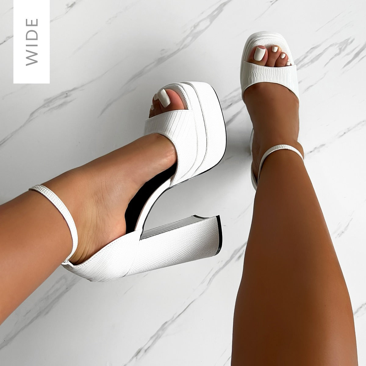 Eira Wide Fit White Faux Lizard Print Platform Block Heels | SIMMI London