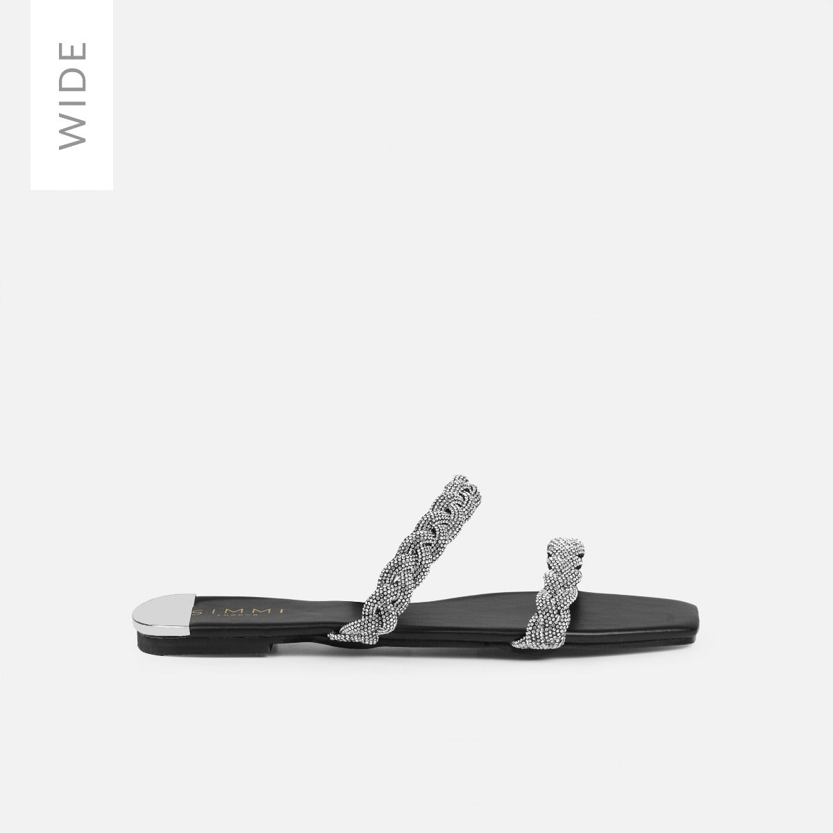 Fayay Wide Fit Black Diamante Plait Flat Slides | SIMMI London