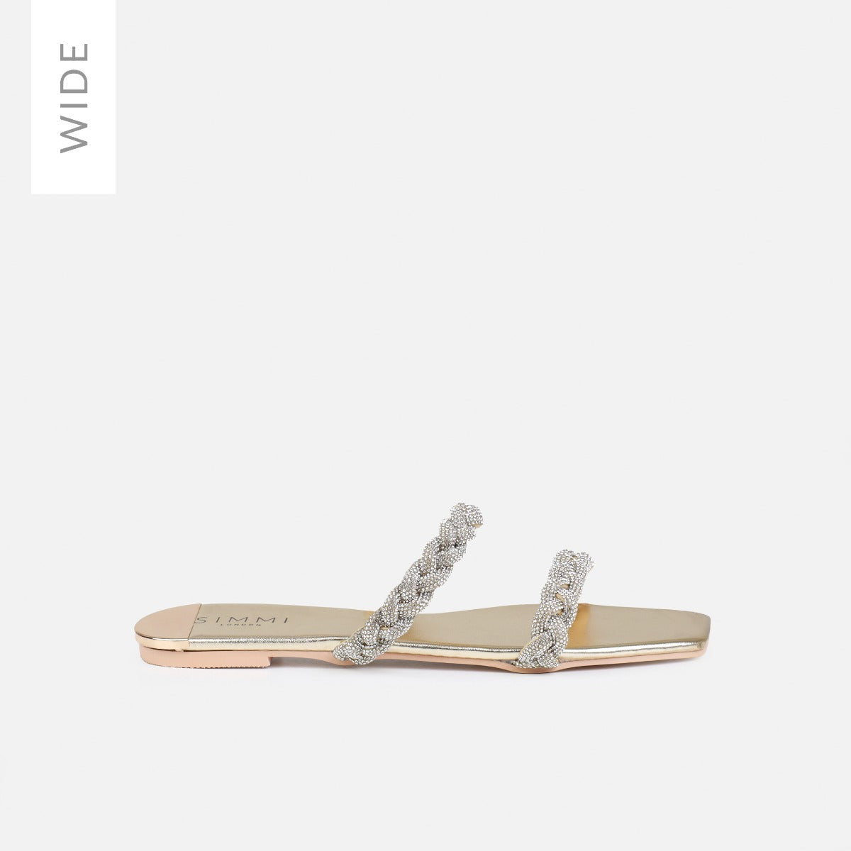 Fayay Wide Fit Gold Diamante Plait Flat Slides | SIMMI London