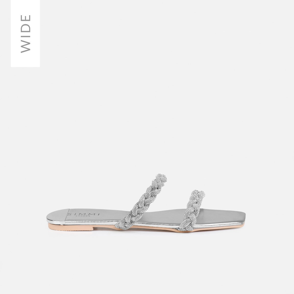 Fayay Wide Fit Silver Diamante Plait Flat Slides | SIMMI London