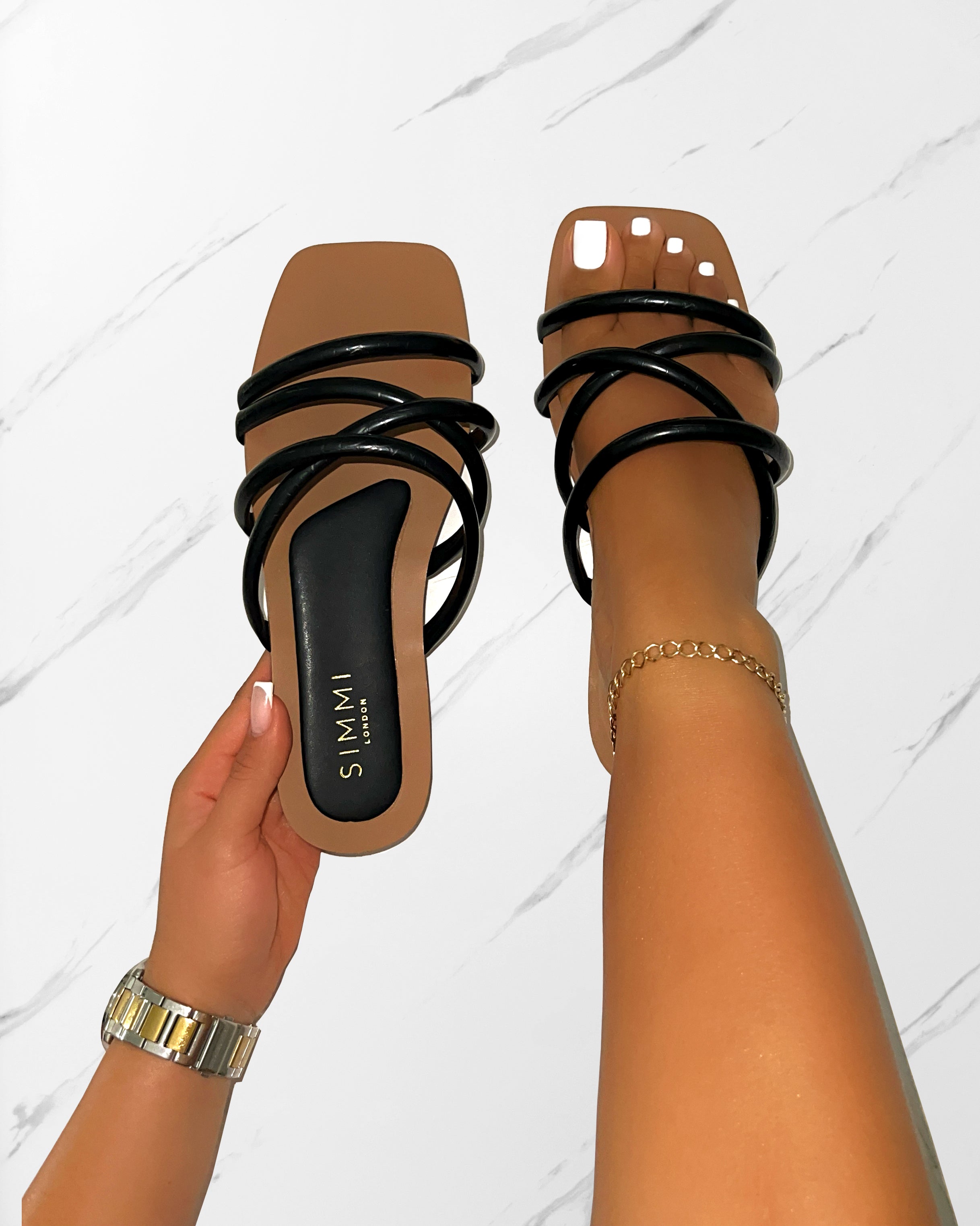 Joelley Wide Fit Black Faux Croc Print Strappy Flat Slides | SIMMI London