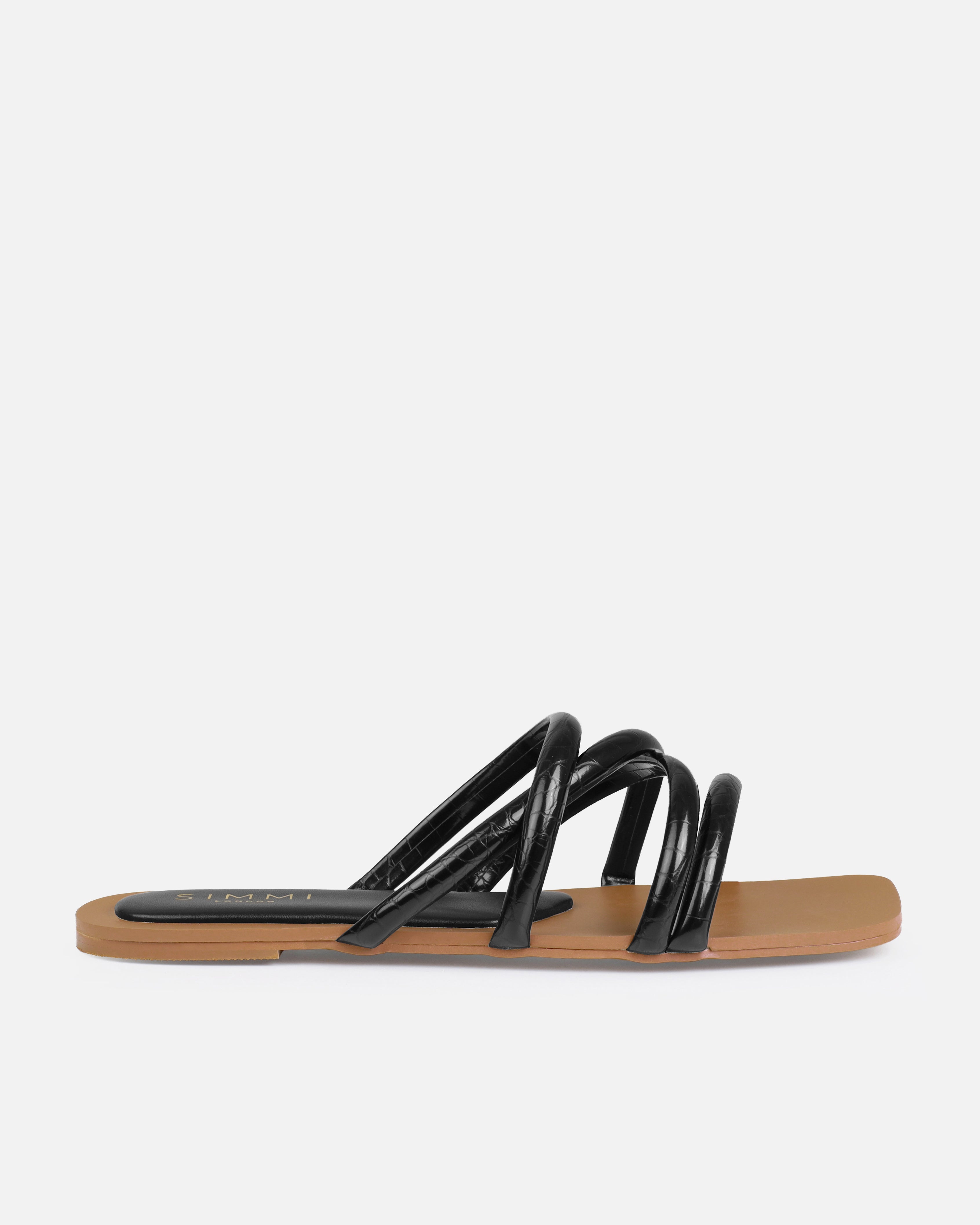 Joelley Wide Fit Black Faux Croc Print Strappy Flat Slides | SIMMI London