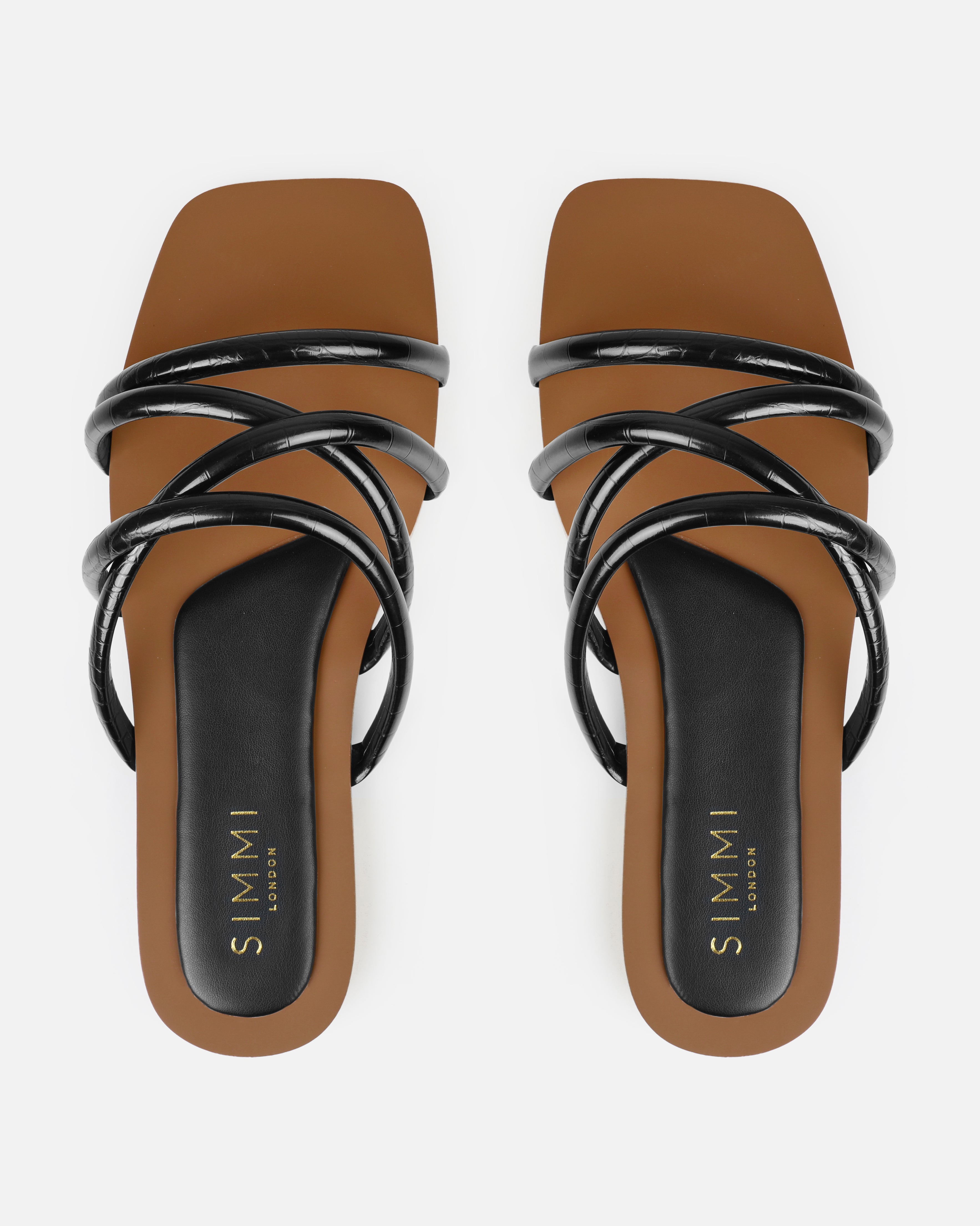 Joelley Wide Fit Black Faux Croc Print Strappy Flat Slides | SIMMI London