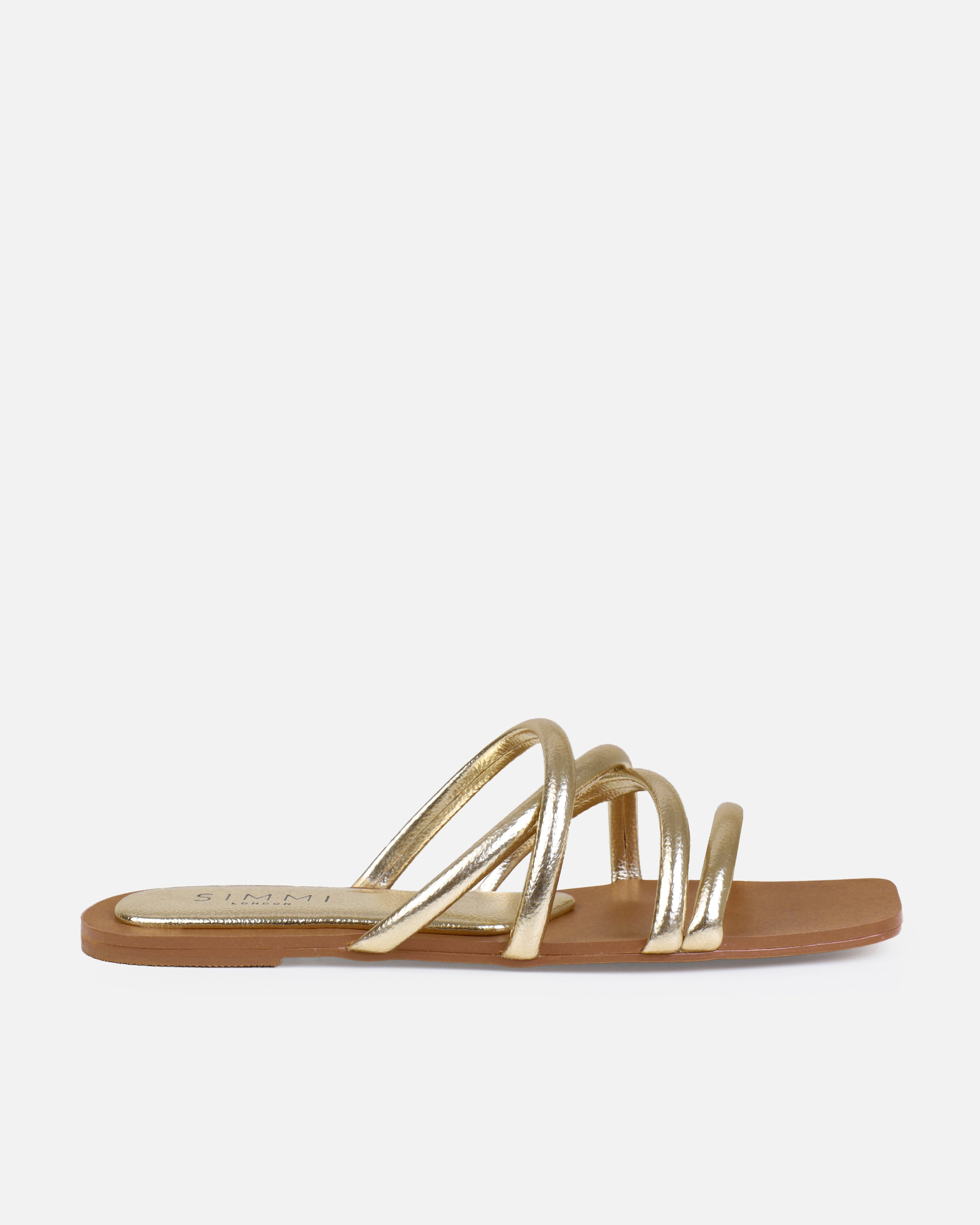 Joelley Wide Fit Gold Metallic Strappy Flat Slides | SIMMI London