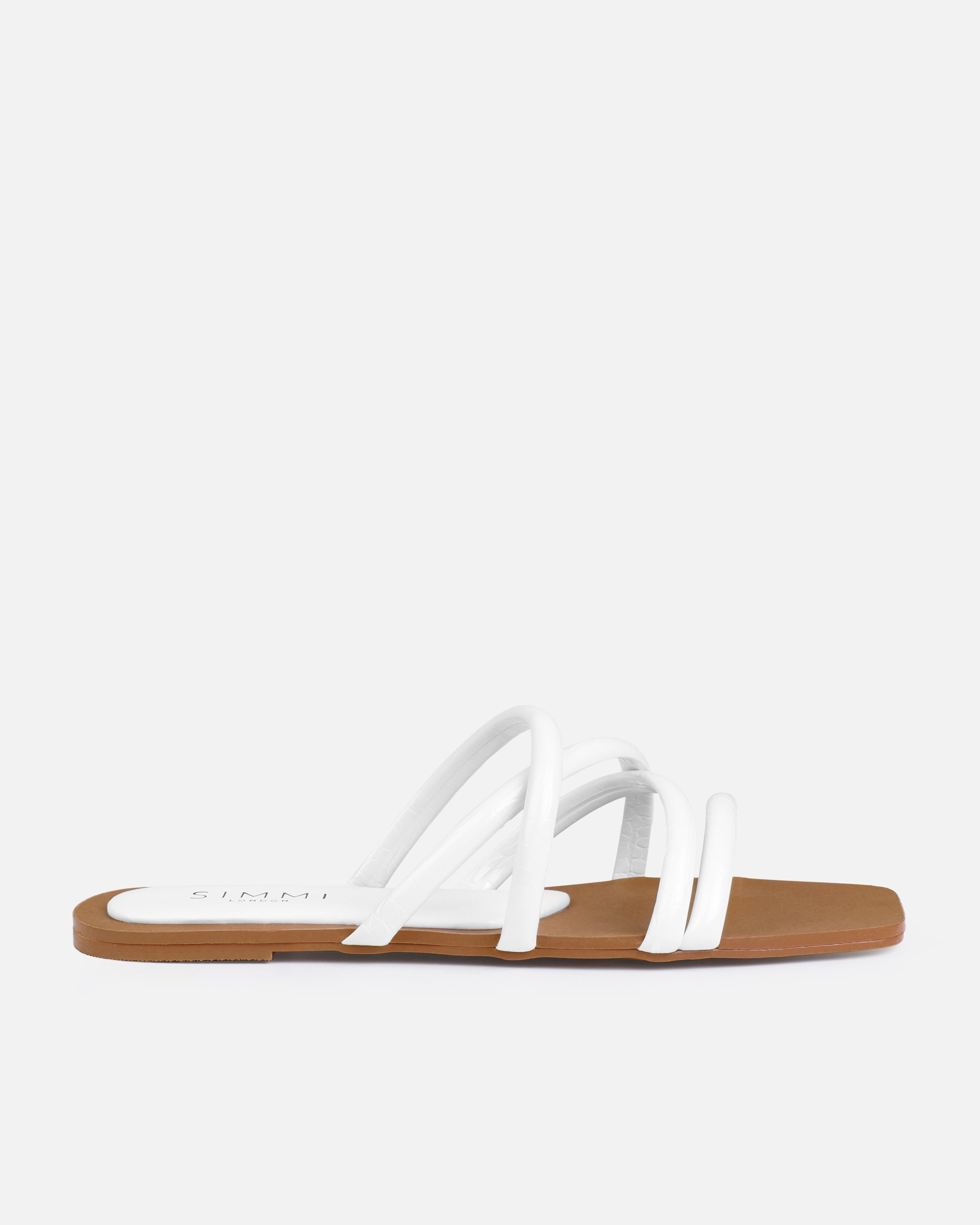 Joelley Wide Fit White Faux Croc Print Strappy Flat Slides | SIMMI London