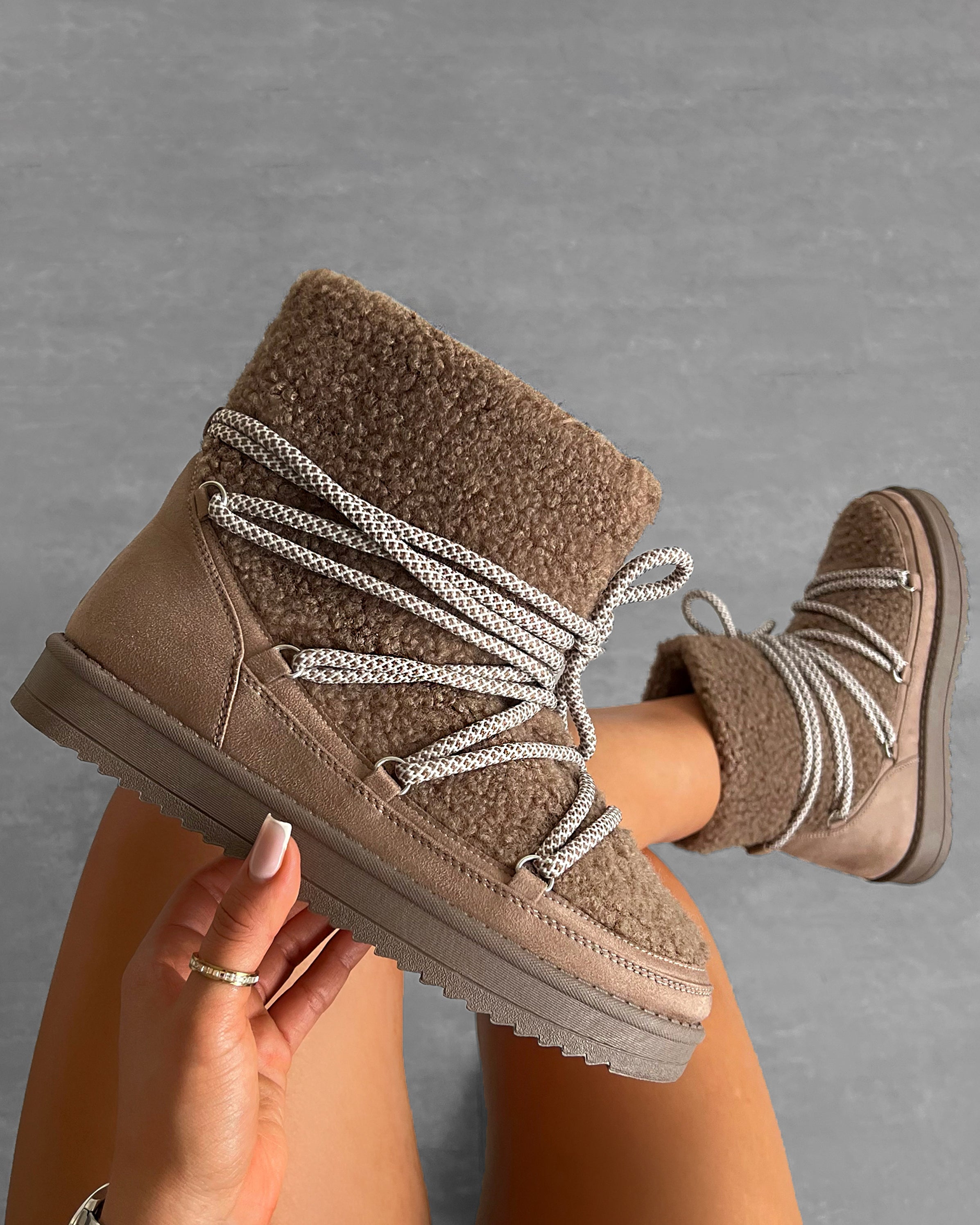Warmth Beige Borg Mix Laced Snow Boots | SIMMI London