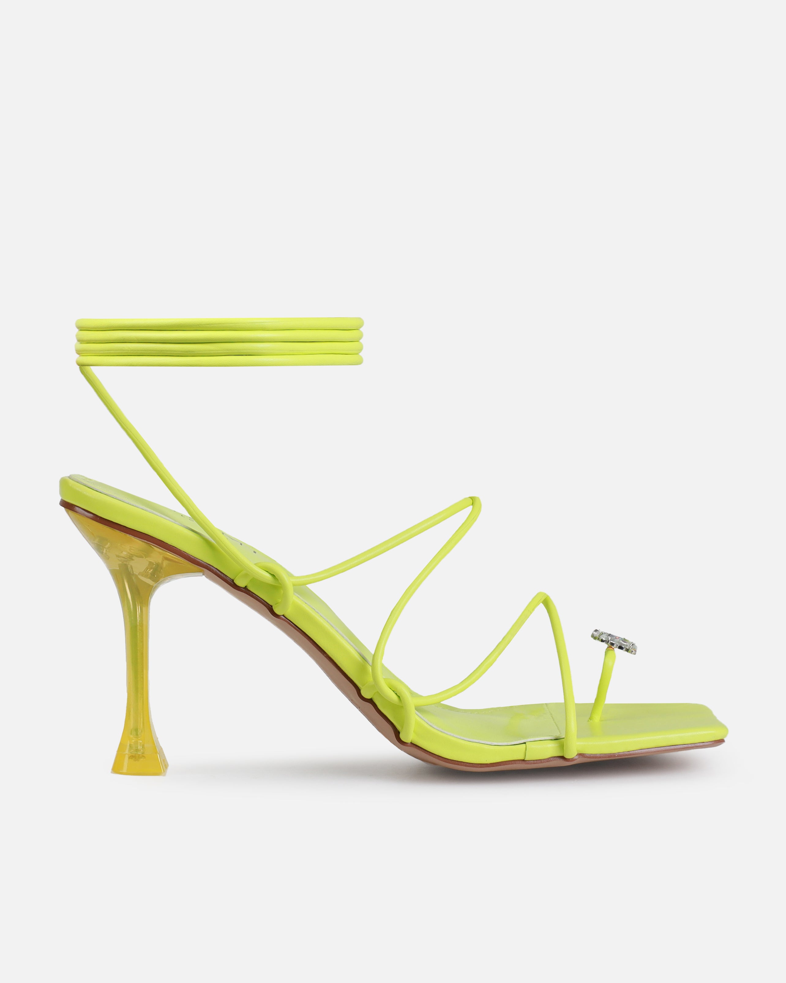 Willowe Lime Green Butterfly Toe Thong Lace Up Mid Heels | SIMMI London