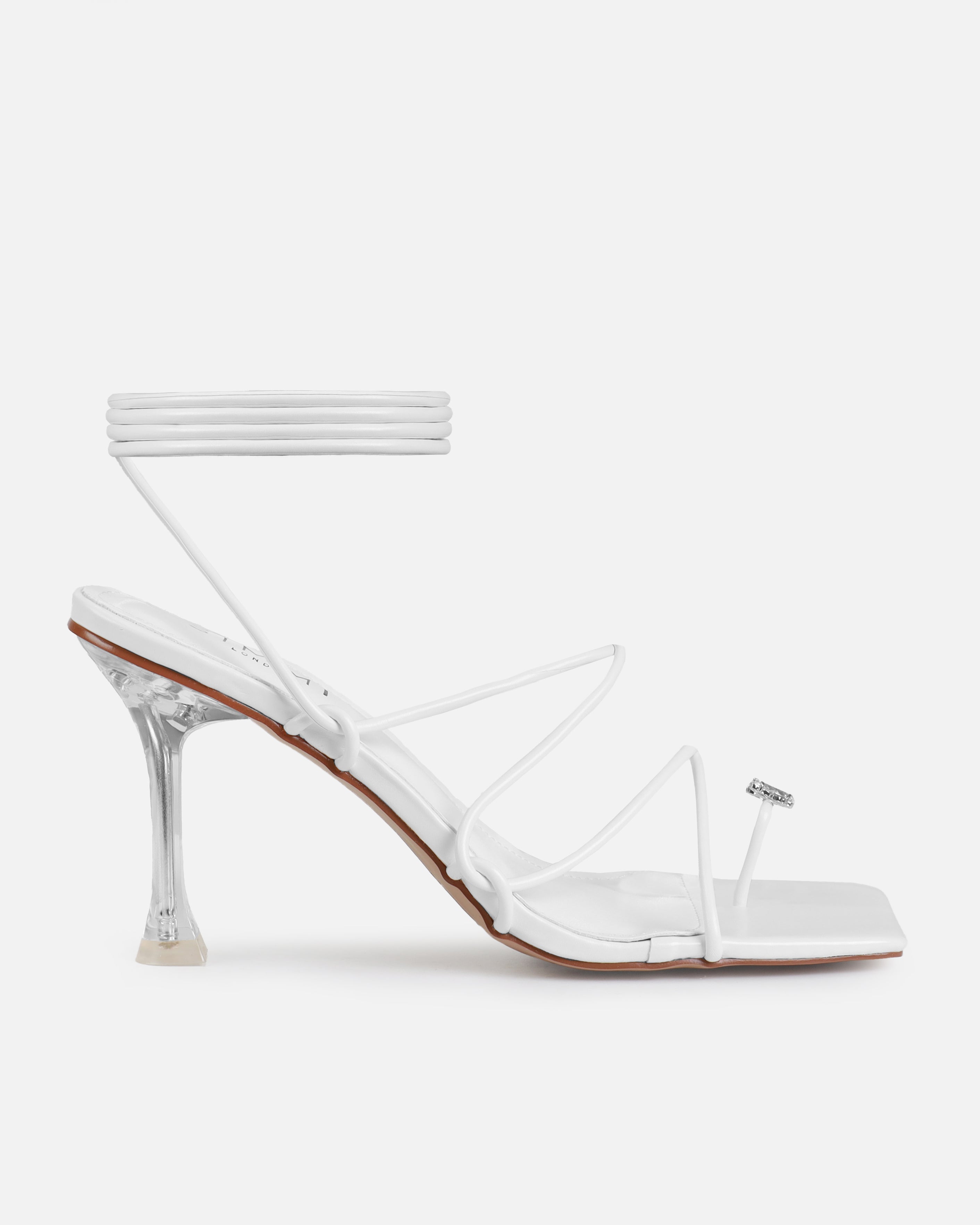 Willowe White Butterfly Toe Thong Lace Up Mid Heels | SIMMI London