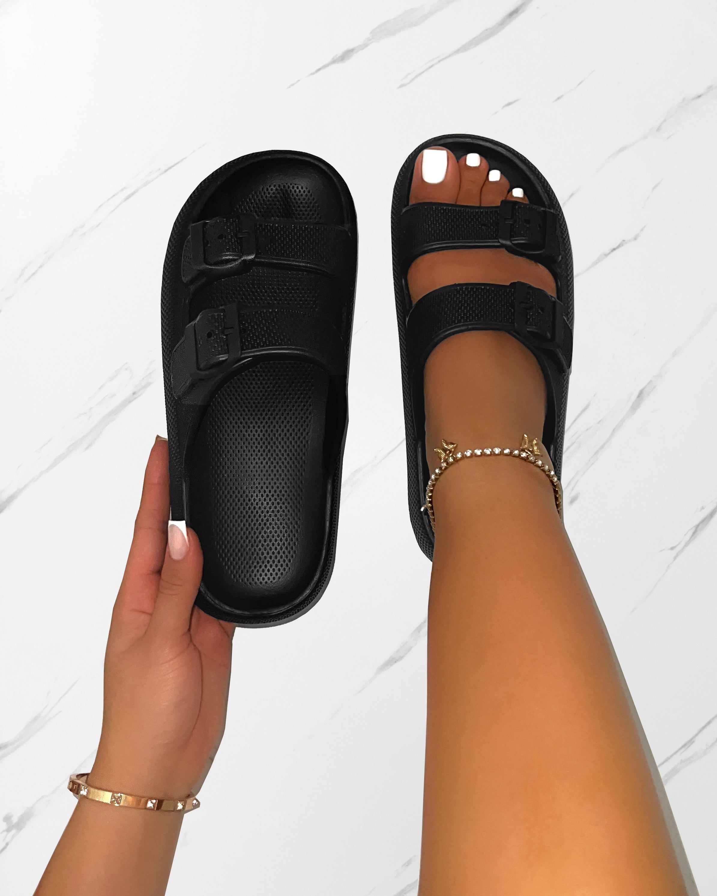 Wynna Black Double Buckle Flat Slides | SIMMI London