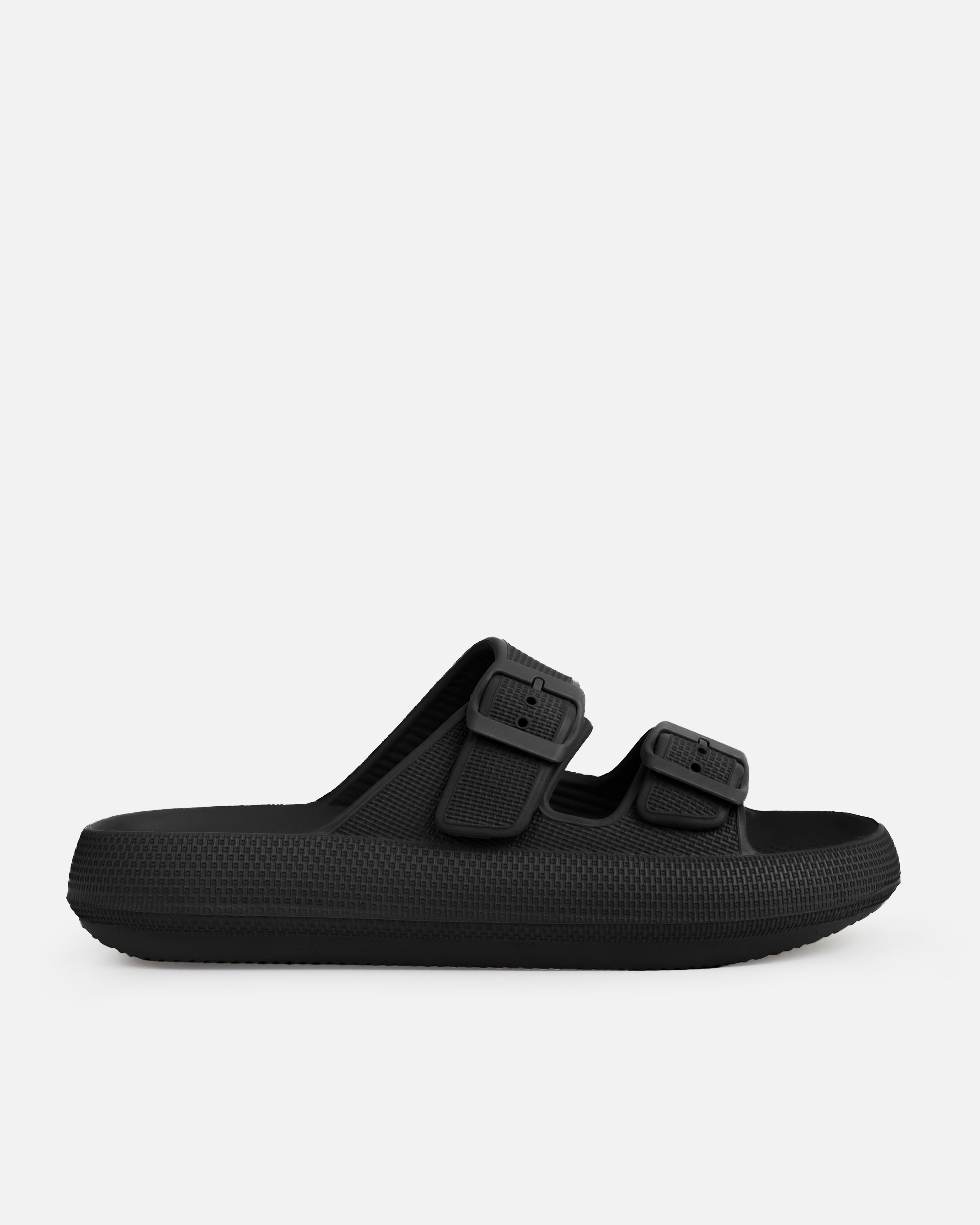Wynna Black Double Buckle Flat Slides | SIMMI London