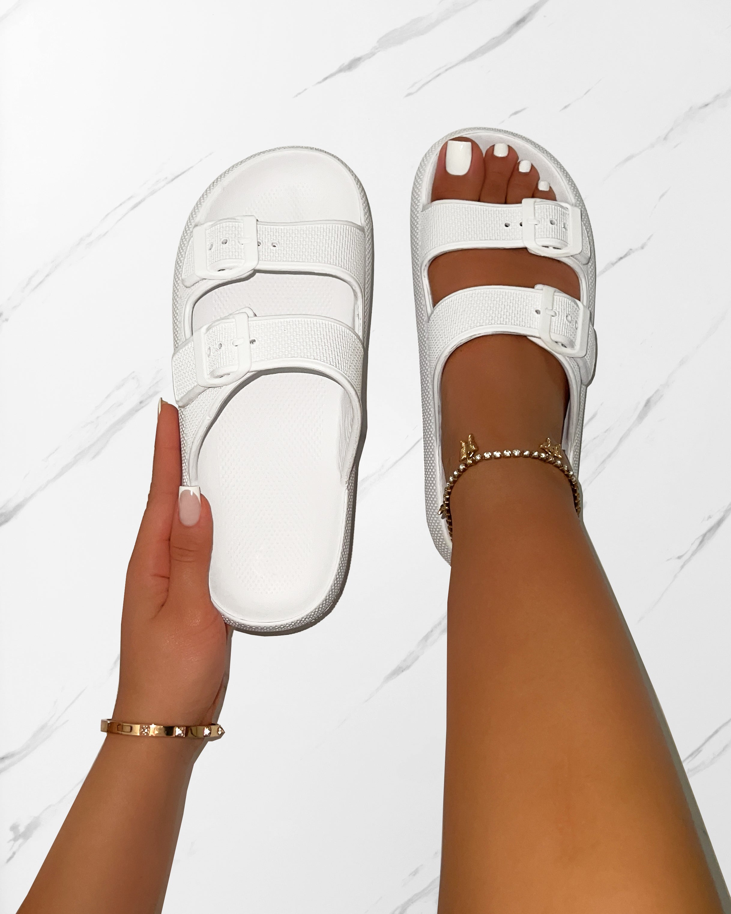 Wynna White Double Buckle Flat Slides | SIMMI London