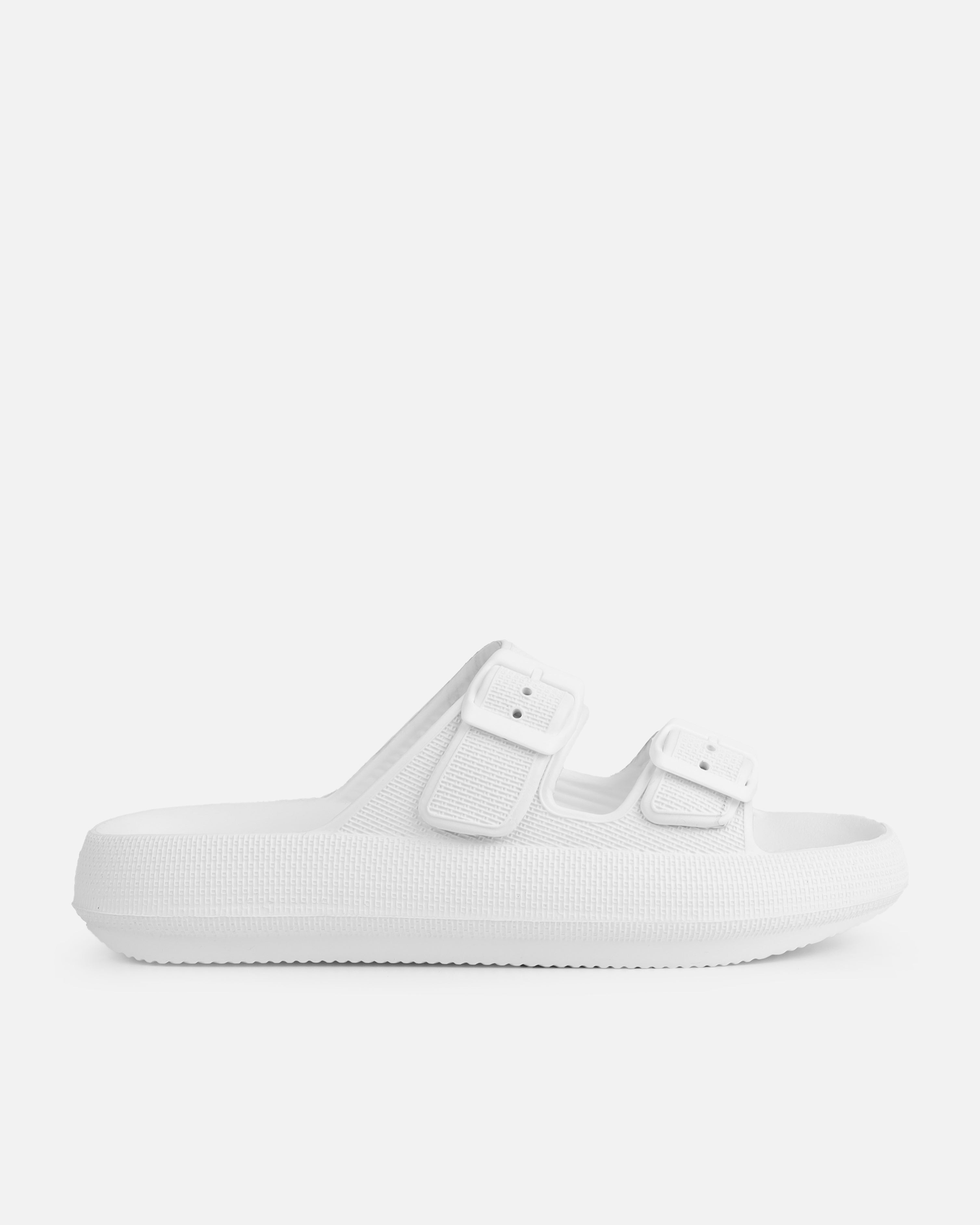 Wynna White Double Buckle Flat Slides | SIMMI London