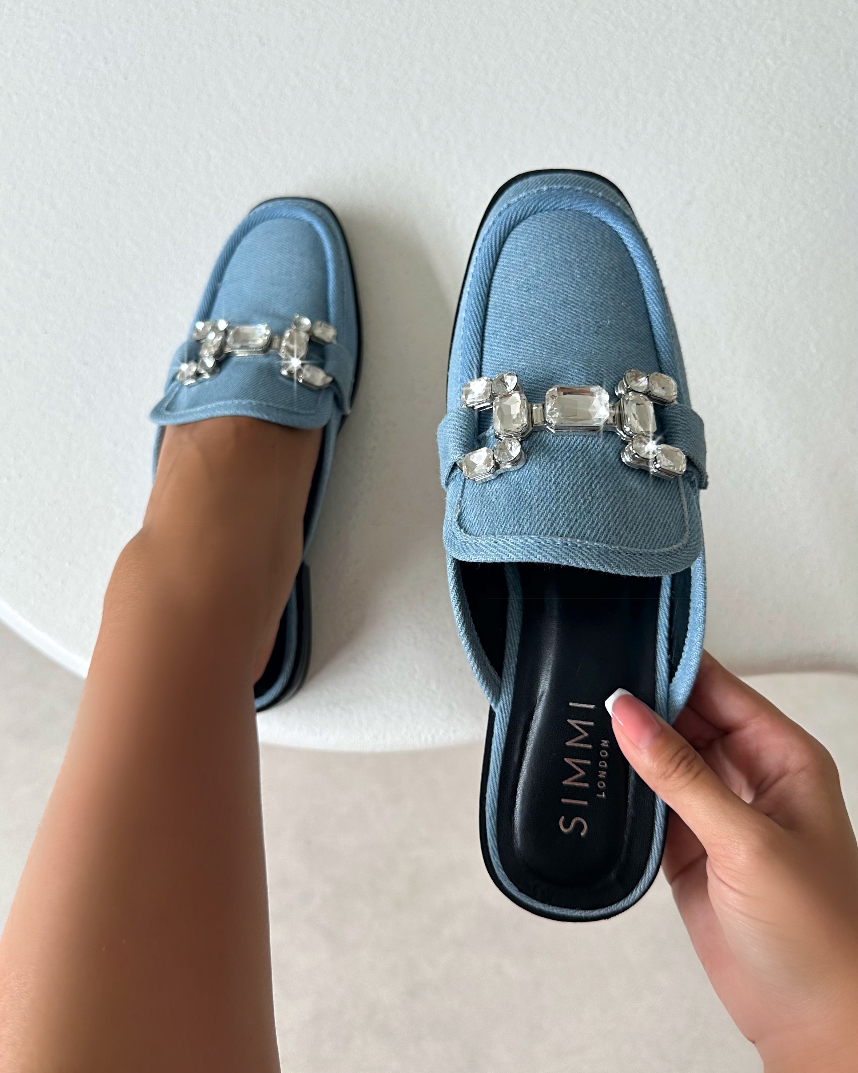 Xanthe Blue Denim Diamanté Slip On Mules | SIMMI London